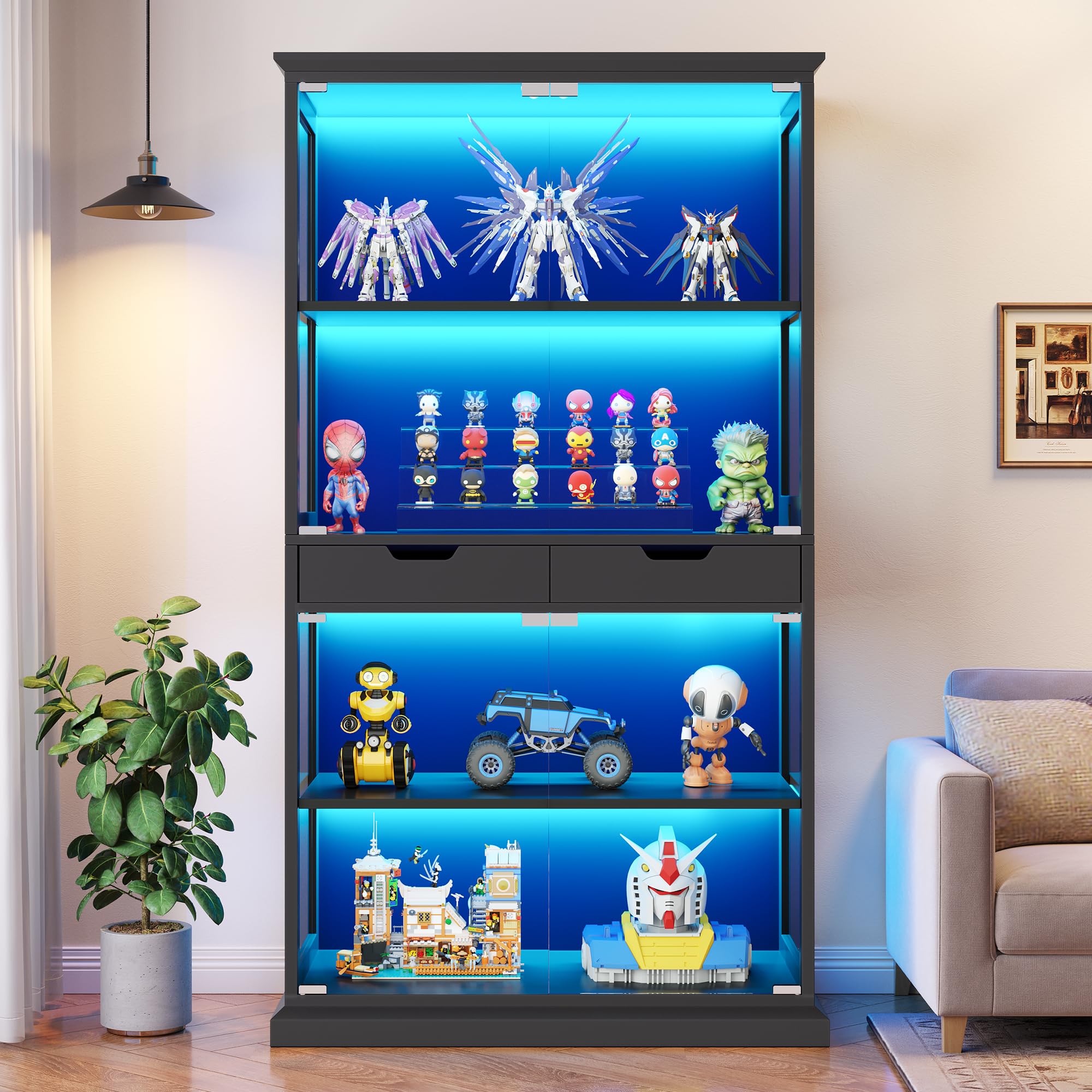 68" Glass Display Cabinet with RGB LED, Human Sensor & 2 Drawers
