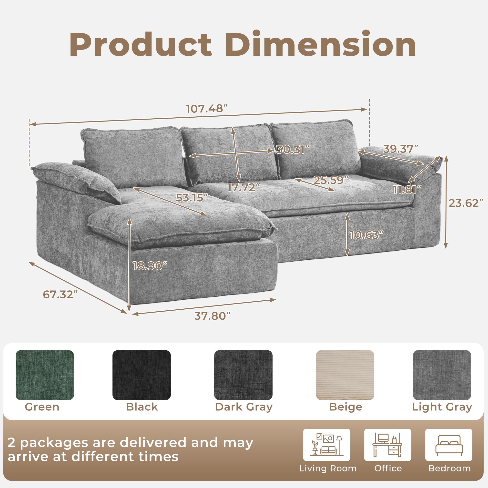 108" Modular Sectional Sofa with Deep Seat and Chaise