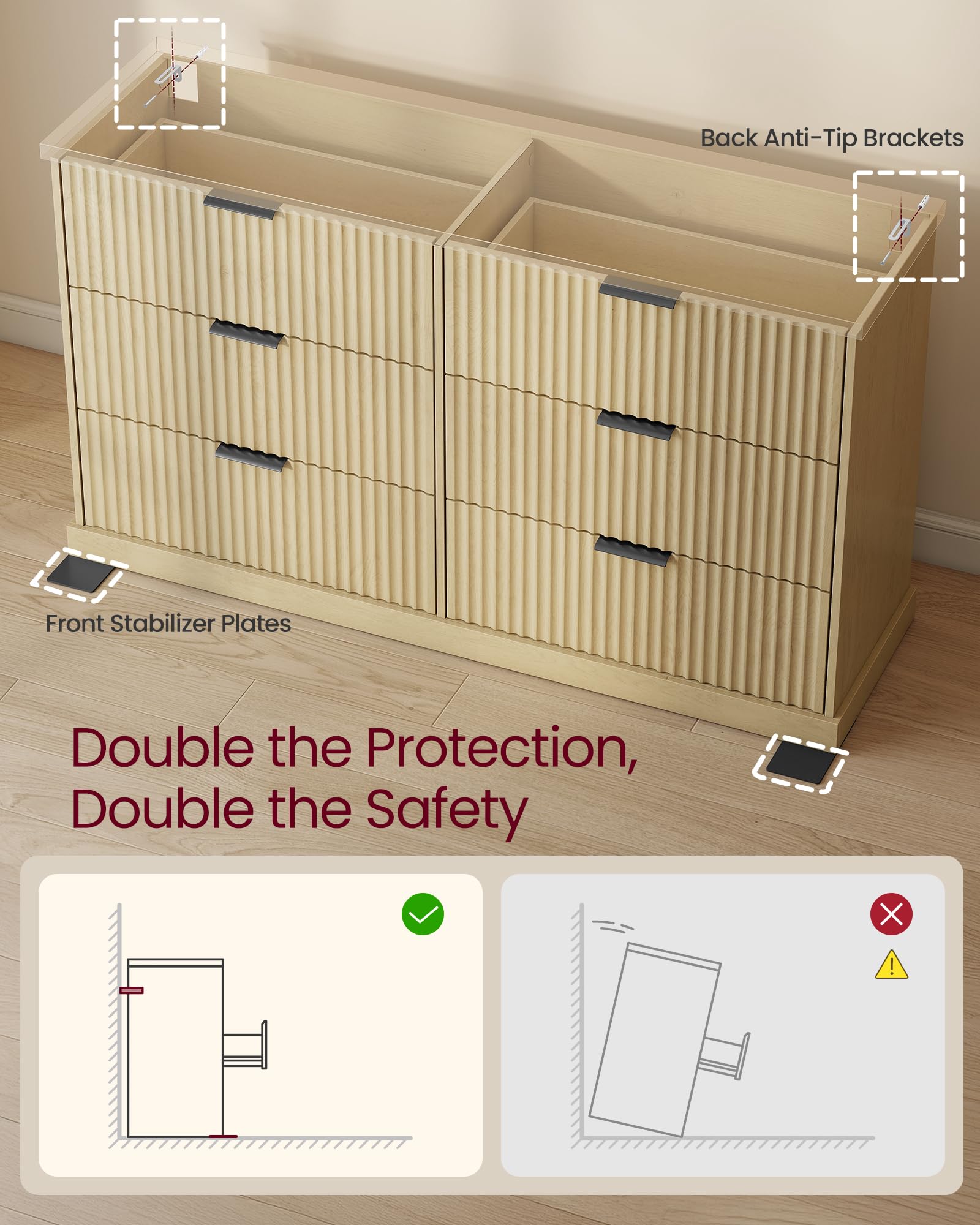 6-Drawer Wide Dresser with Fluted Panels