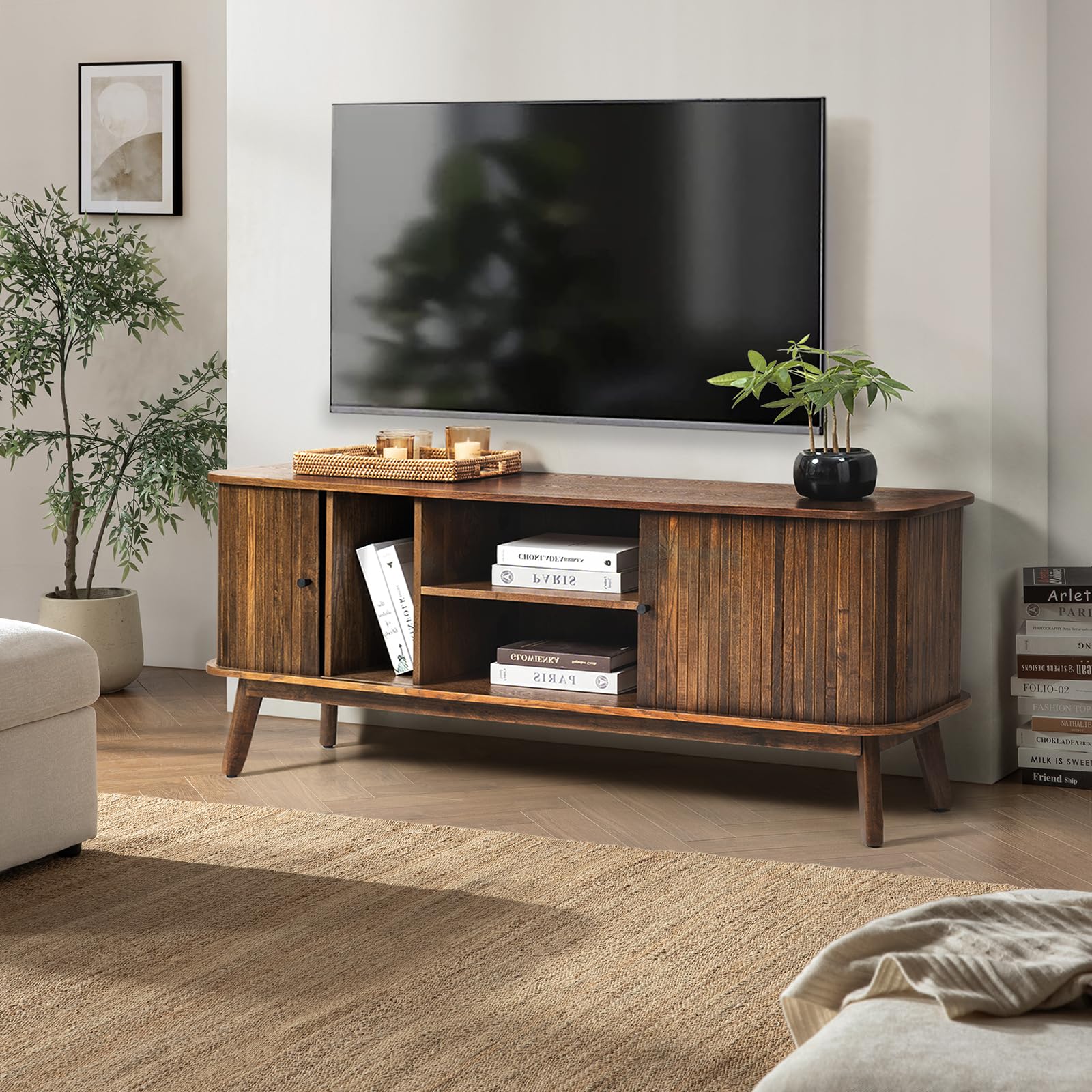 Mid Century Modern TV Stand with Sliding Barn Doors