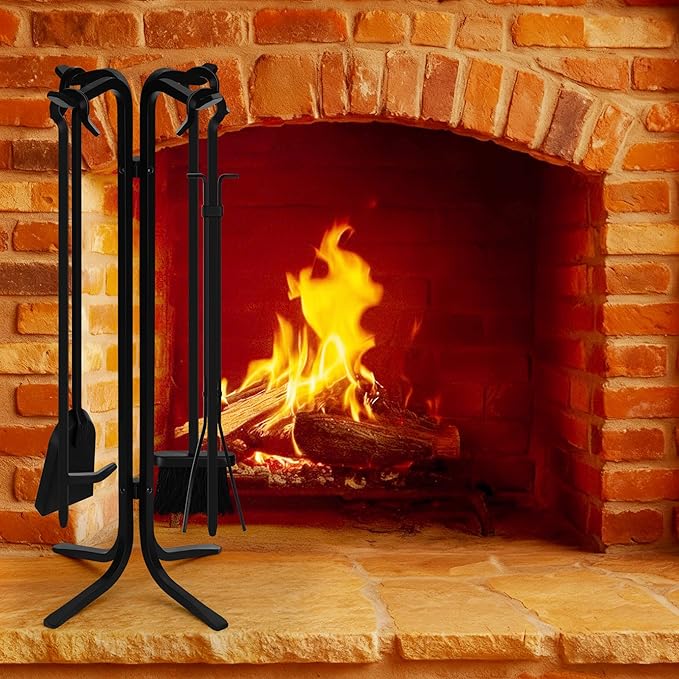 29 Inch Fireplace Tool Set - 5 Piece Wrought Iron Set with Stand