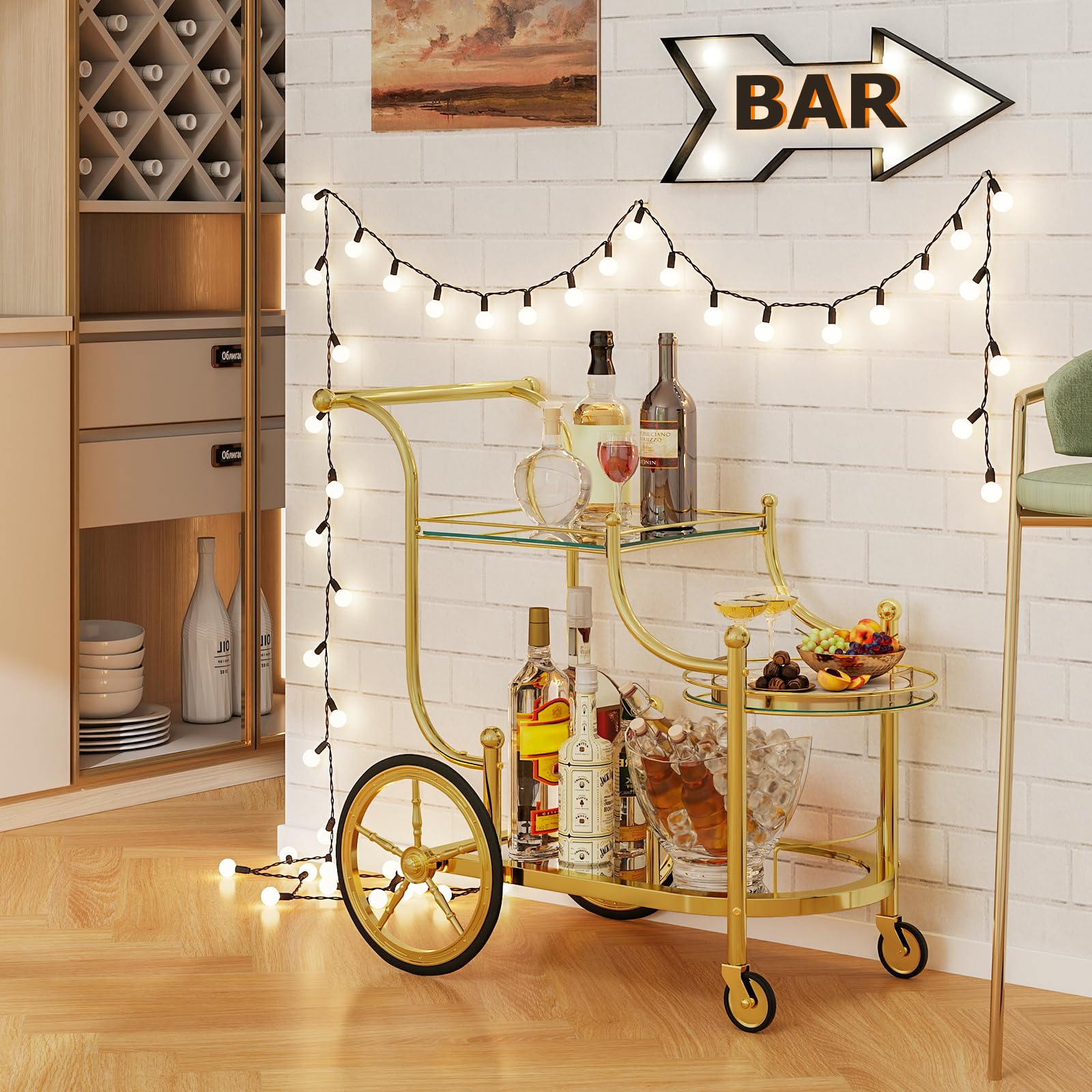 3-Tier Rolling Bar Serving Cart with Mirrored Shelves
