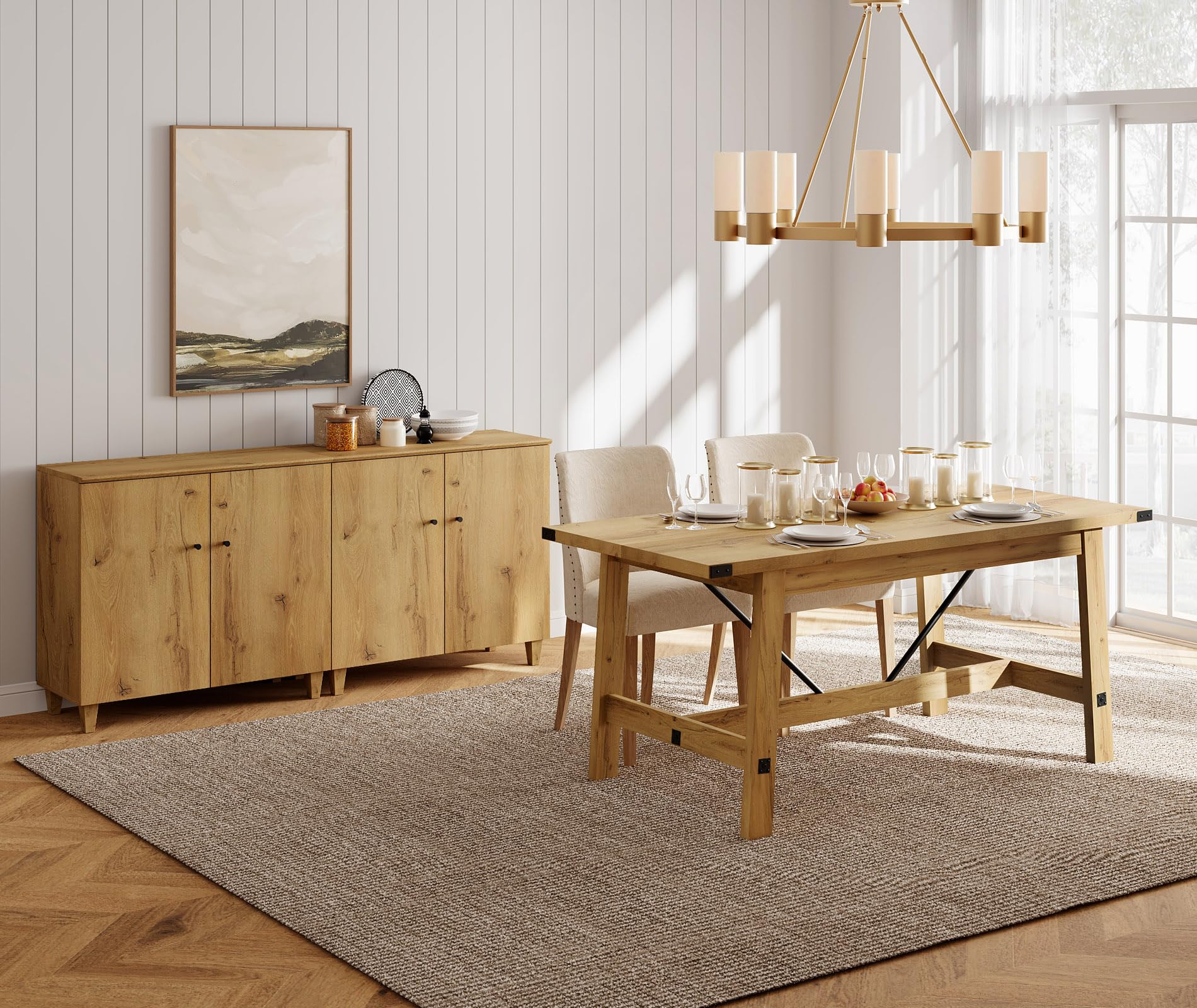 70.8" Oak Brown Buffet Cabinet with 4 Doors