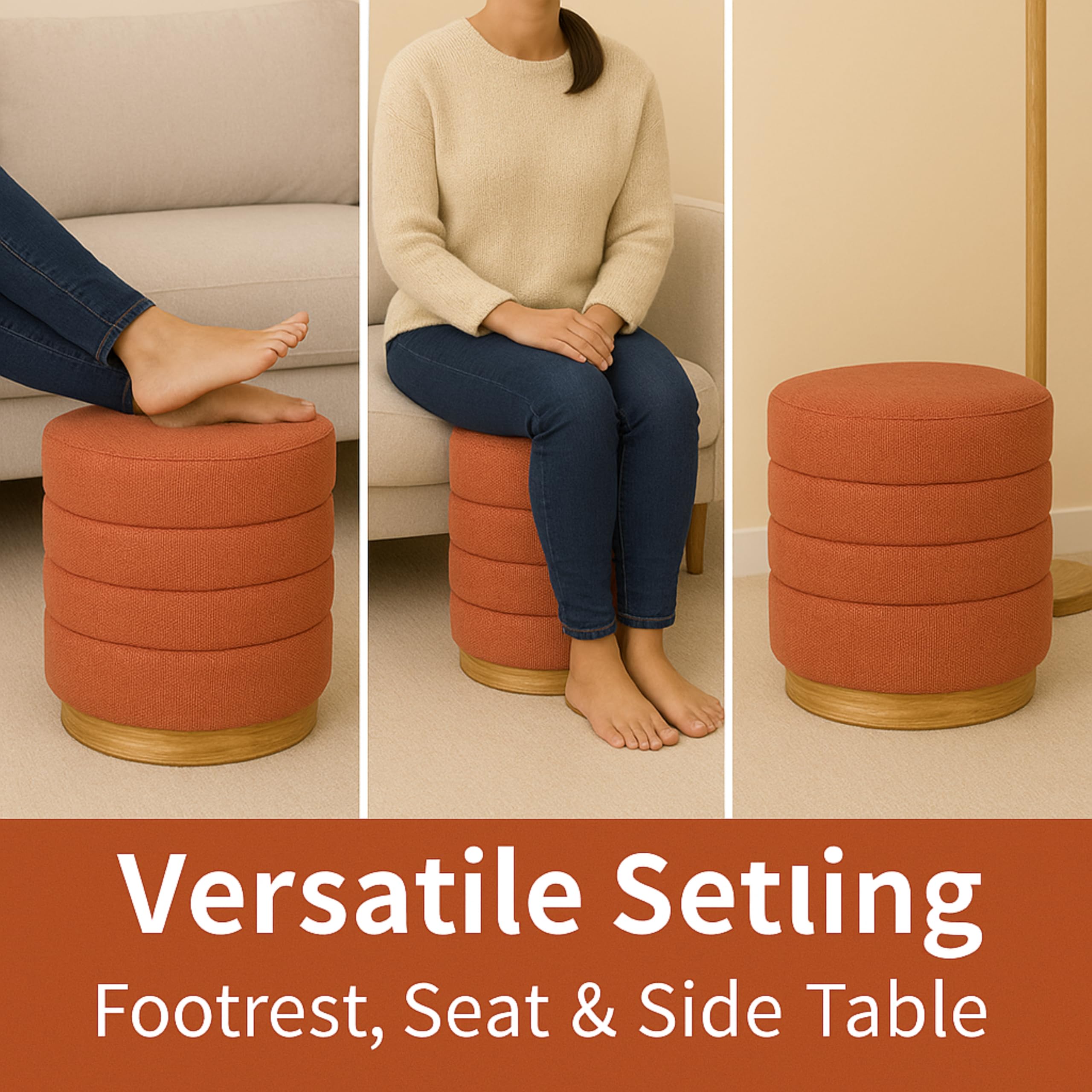 Round Storage Ottoman - Linen Upholstered Footrest Bench