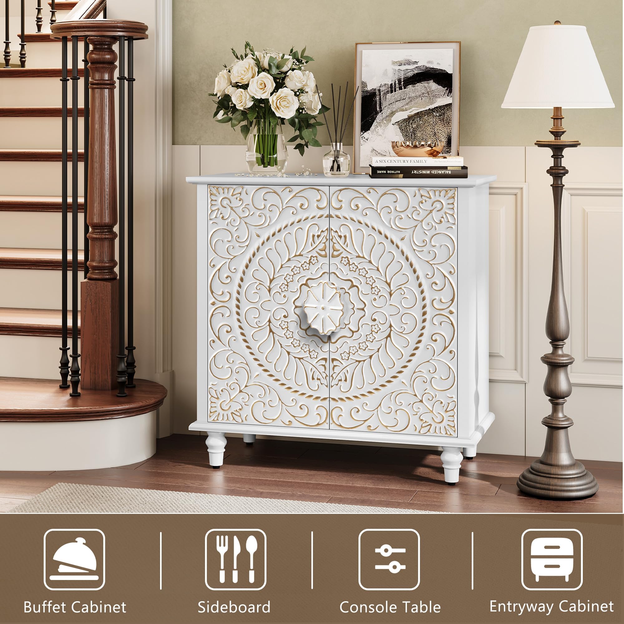 White Accent Cabinet with Carved Flower Pattern