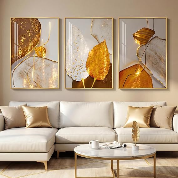 Navy Blue Gold Ginkgo Leaf Wall Art Set 3 Piece 24x36