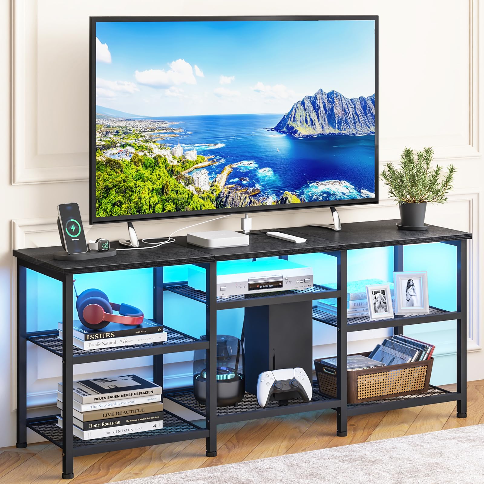 TV Stand with Charging Station and LED Lights