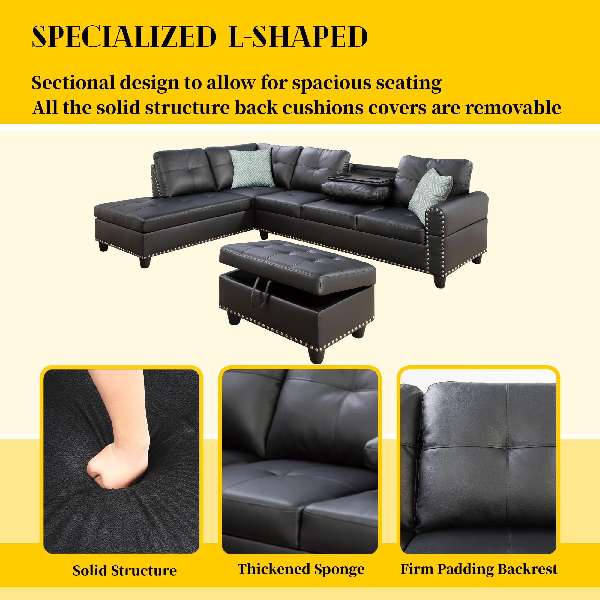 3-Piece Faux Leather Sectional Sofa with Storage Ottoman
