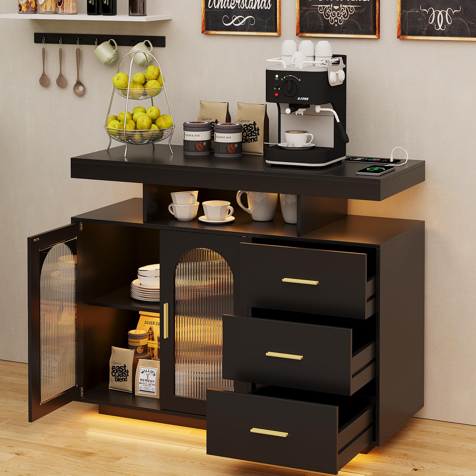 LED Coffee Bar Cabinet with Charging Station