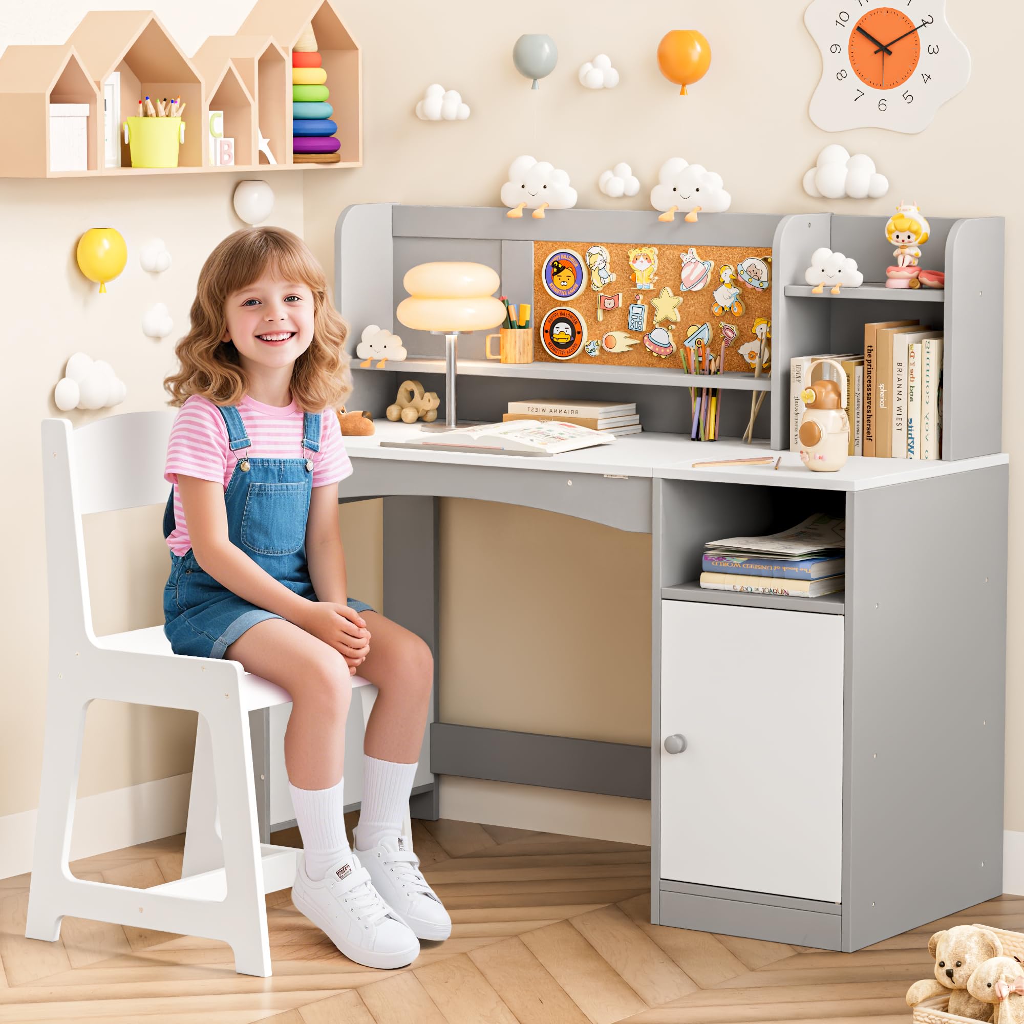 Kids Study Desk and Chair Set with Hutch Storage