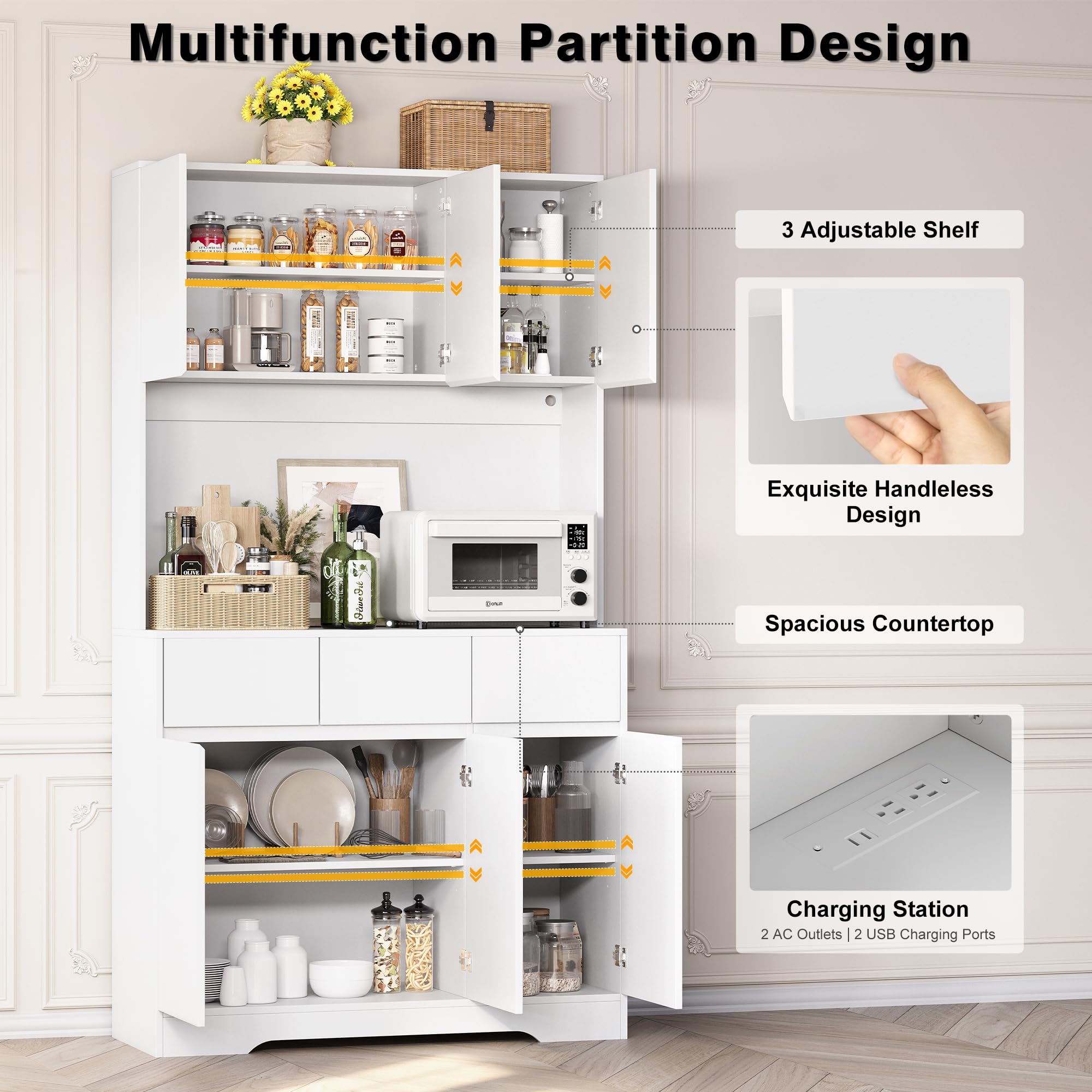 71'' Freestanding Pantry Cabinet with LED Light & Charging Station