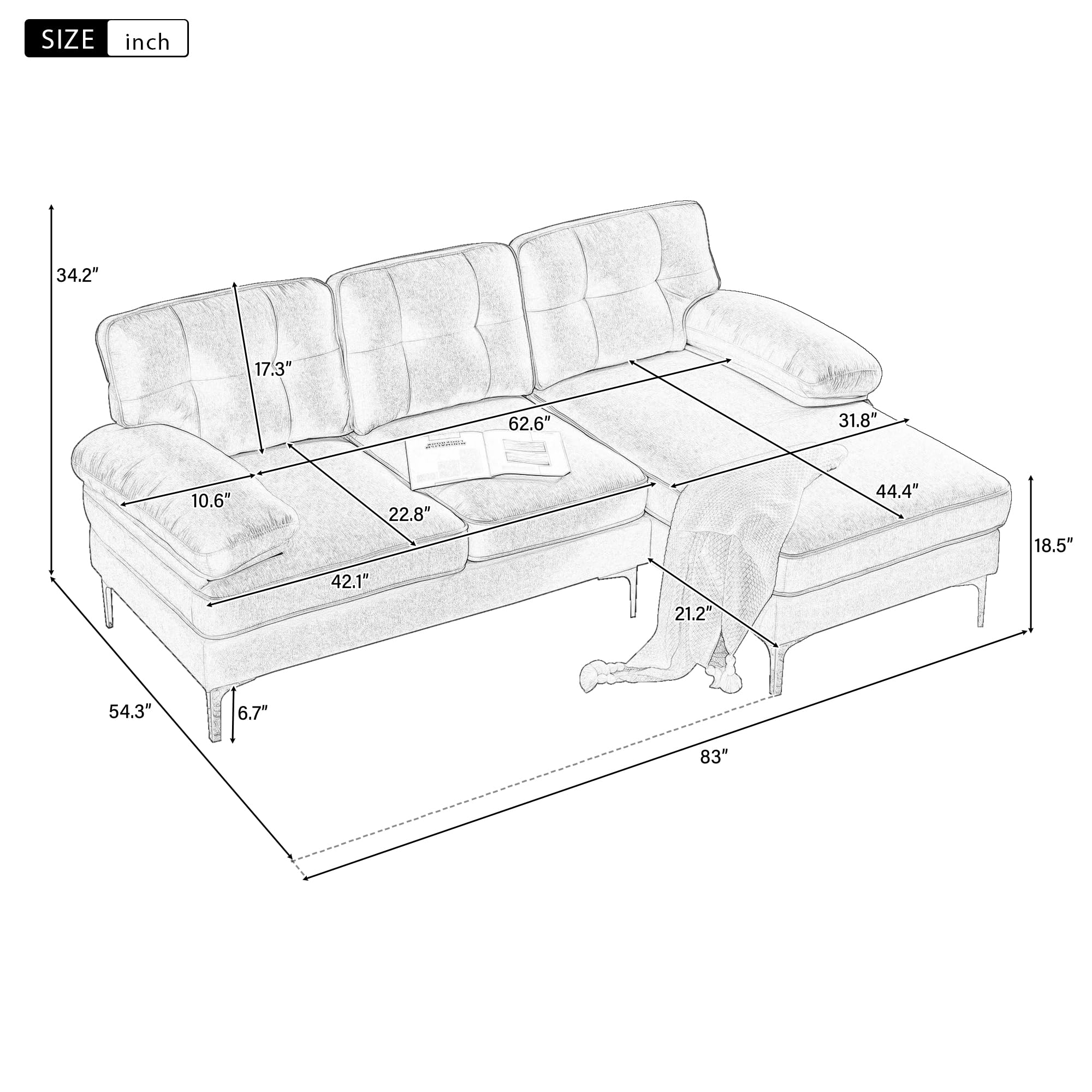83" Velvet Sectional Sofa with Tufted Upholstery