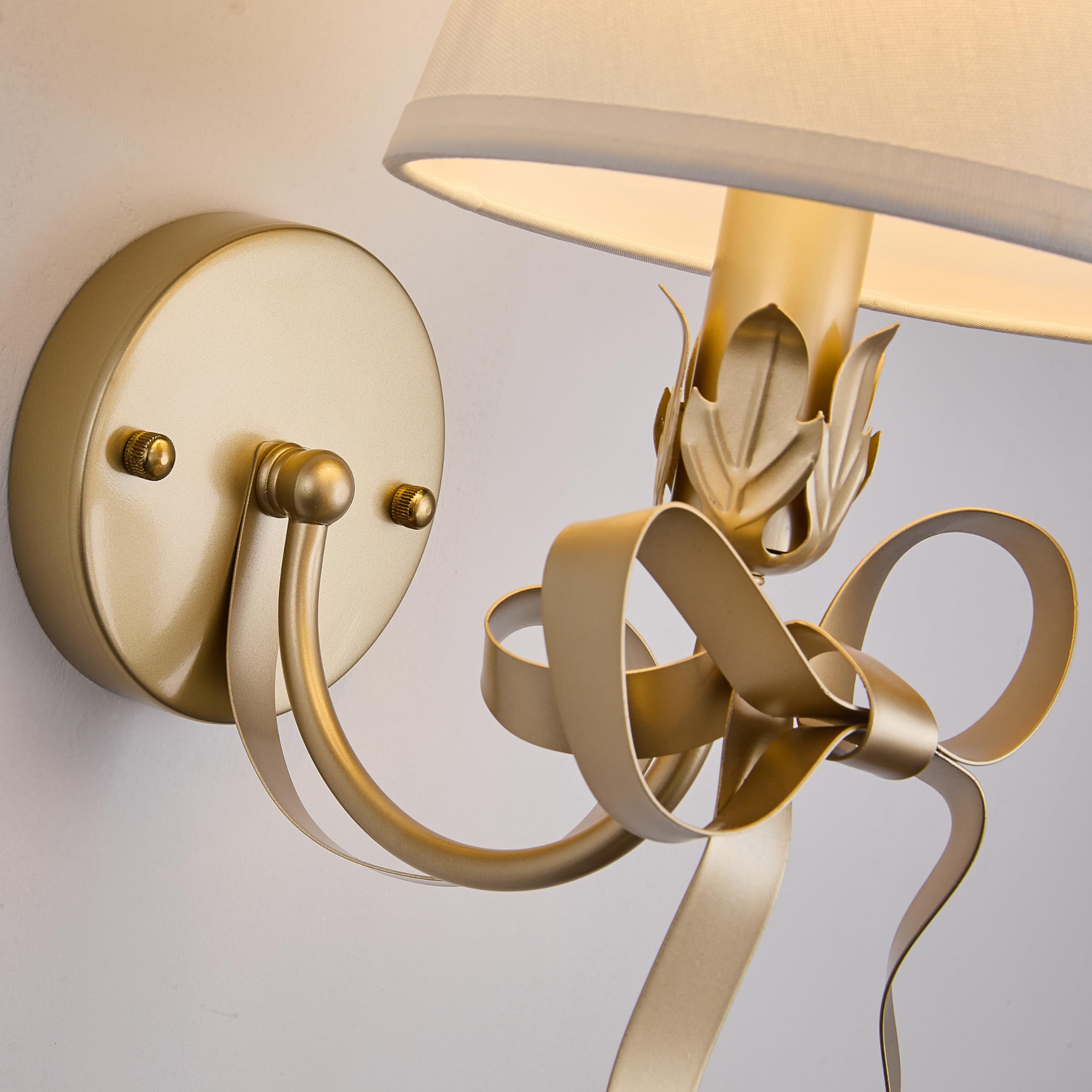 Gold Bow Wall Sconces Set of 2 with White Fabric Shades