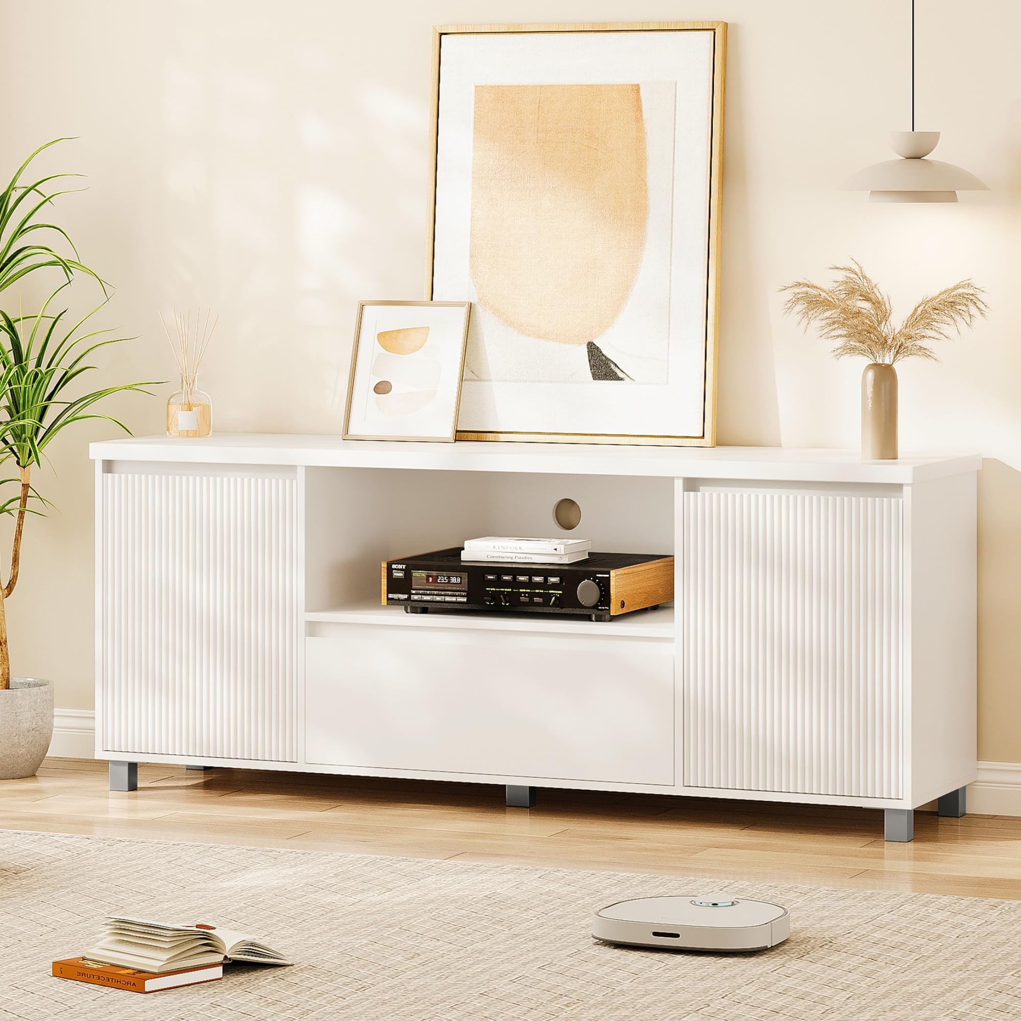 63 Inch TV Stand with Storage Drawer and Open Shelves