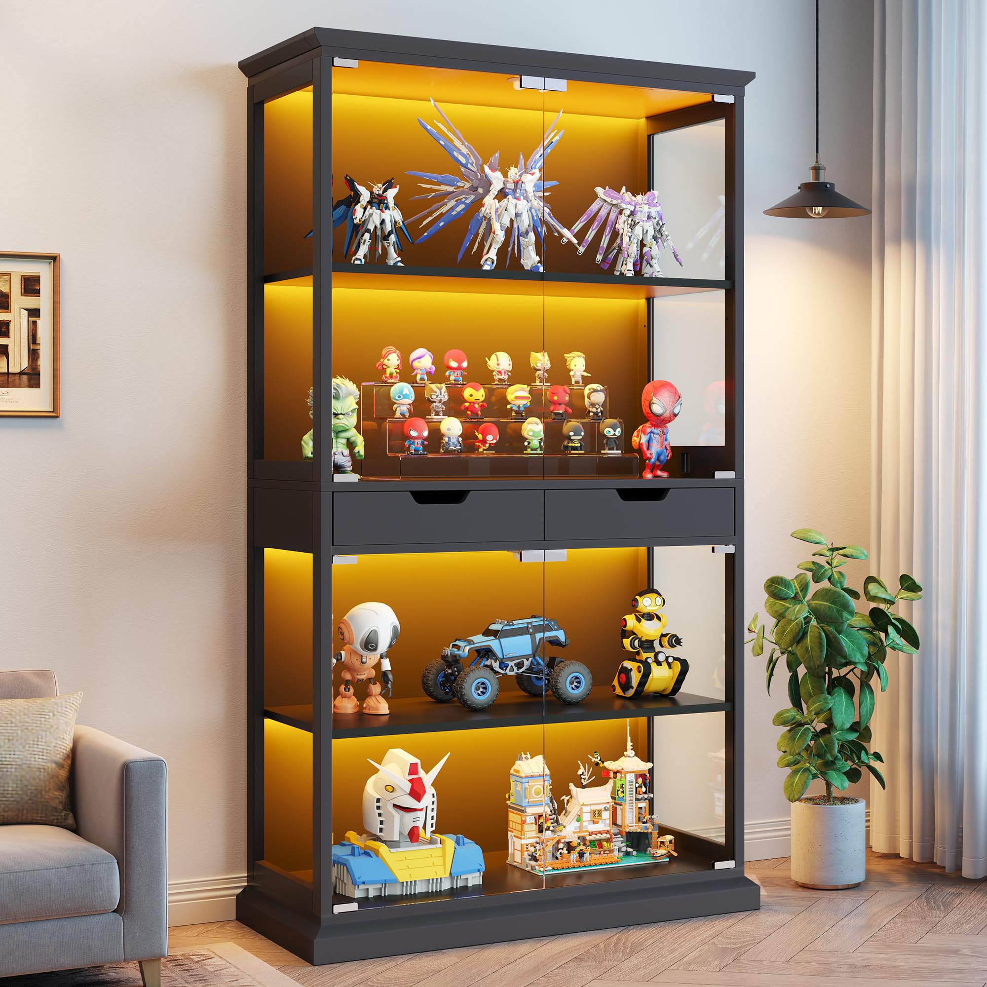 68" Glass Display Cabinet with RGB LED, Human Sensor & 2 Drawers
