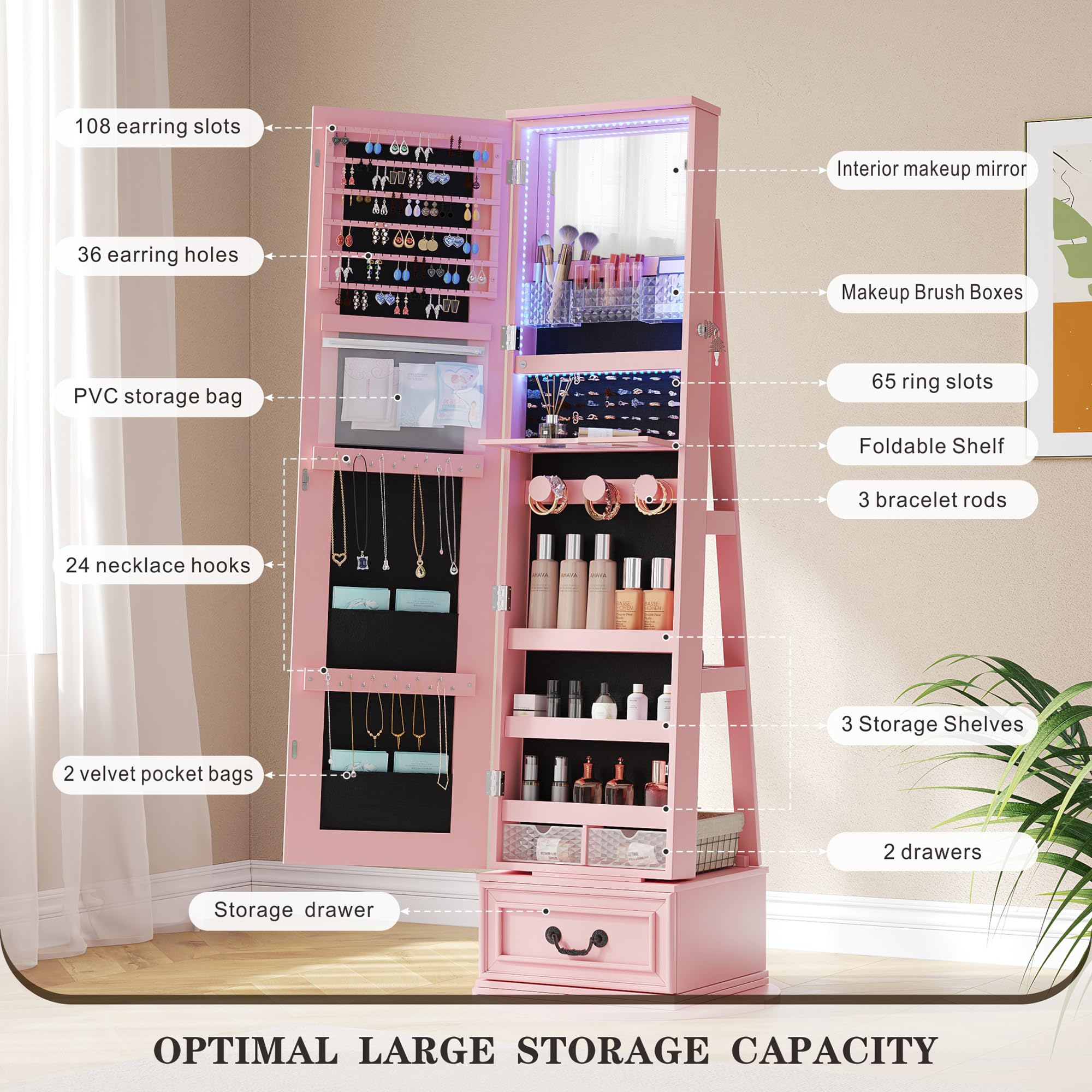 Swivel Jewelry Organizer with Full Length Mirror and Lights