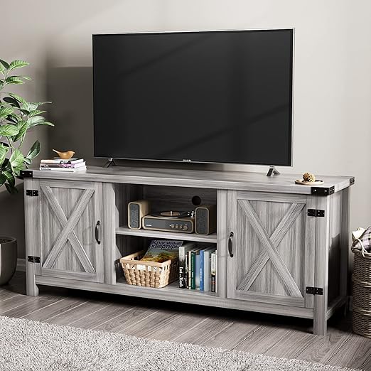 Modern Farmhouse TV Stand with Barn Doors for 65+ Inch TVs
