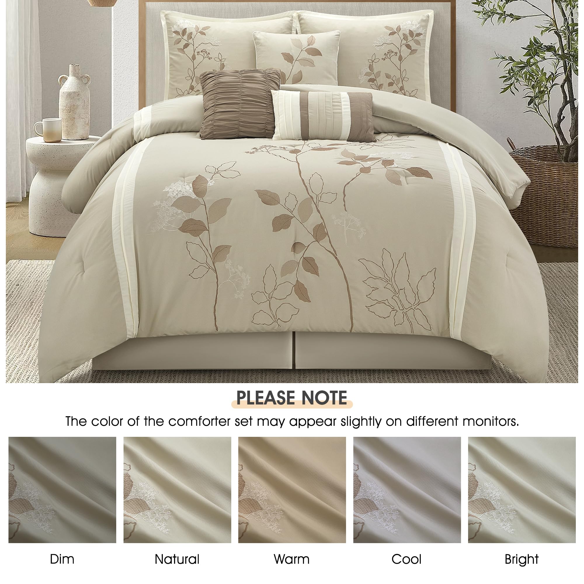 7-Piece Queen Comforter Set with Floral Embroidery
