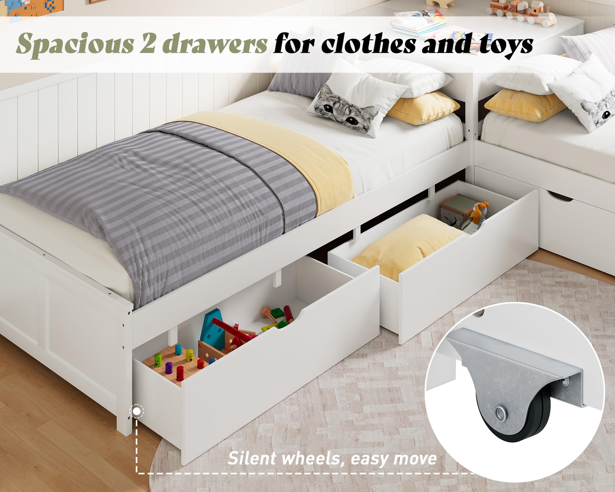 L-Shaped Twin Trundle Bed with Storage Desk