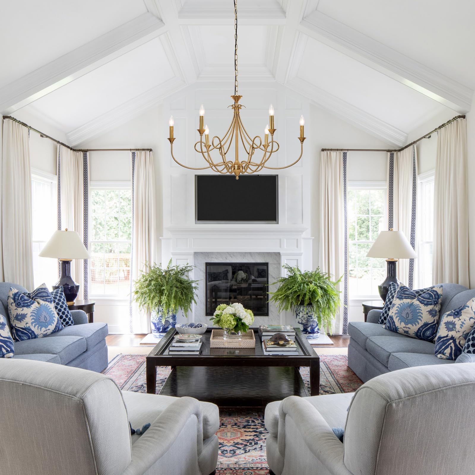 6-Light Modern Chandelier 36.6" Brass Candle Pendant