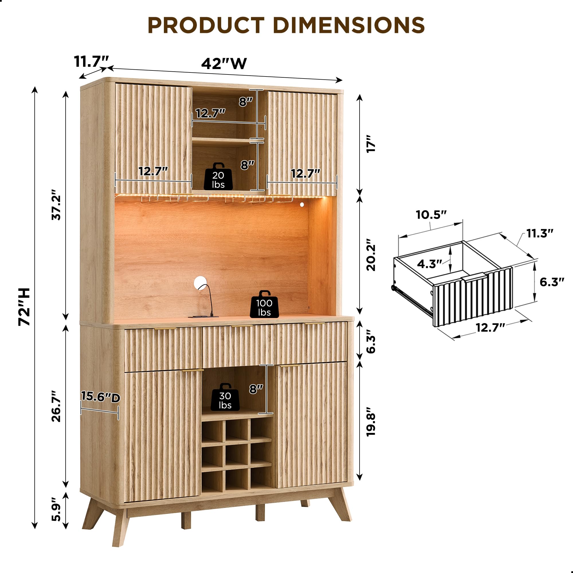 72" Tall Wine Bar Cabinet with Storage Hutch and LED Lights