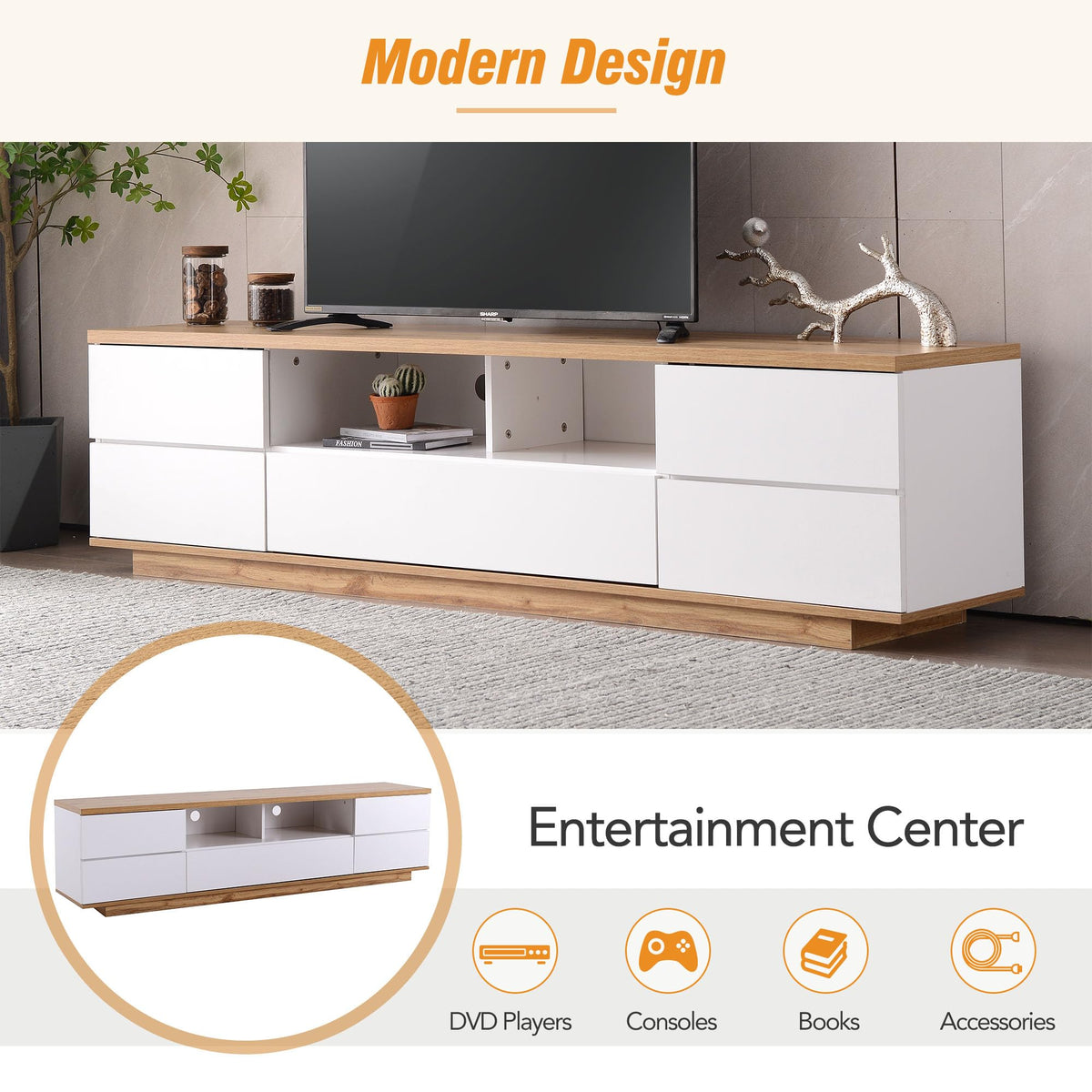 Modern Television Stand with 6 Cabinets & 2 Open Storage Spaces