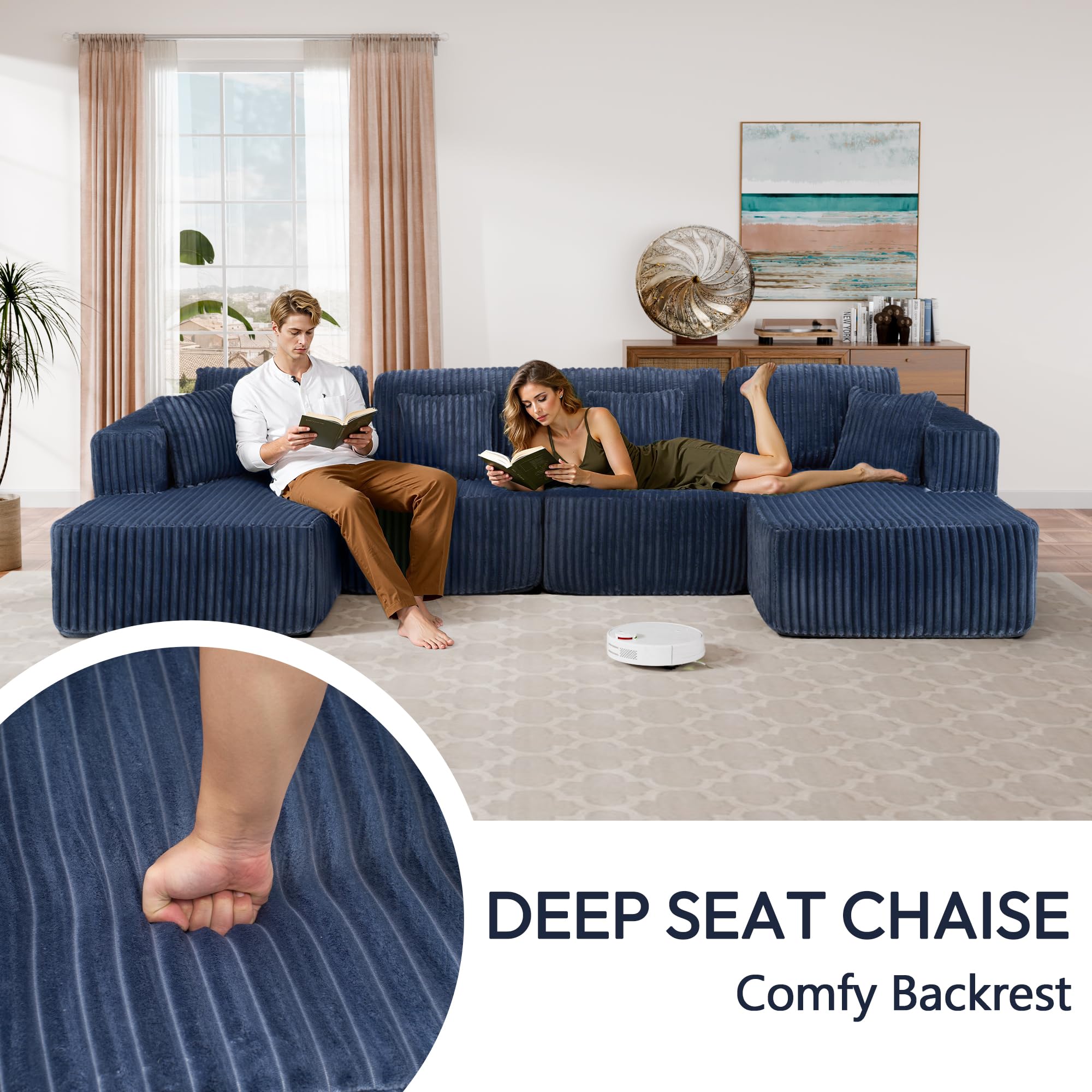 U-Shaped Modular Sectional Sofa with Chaise - Blue Corduroy