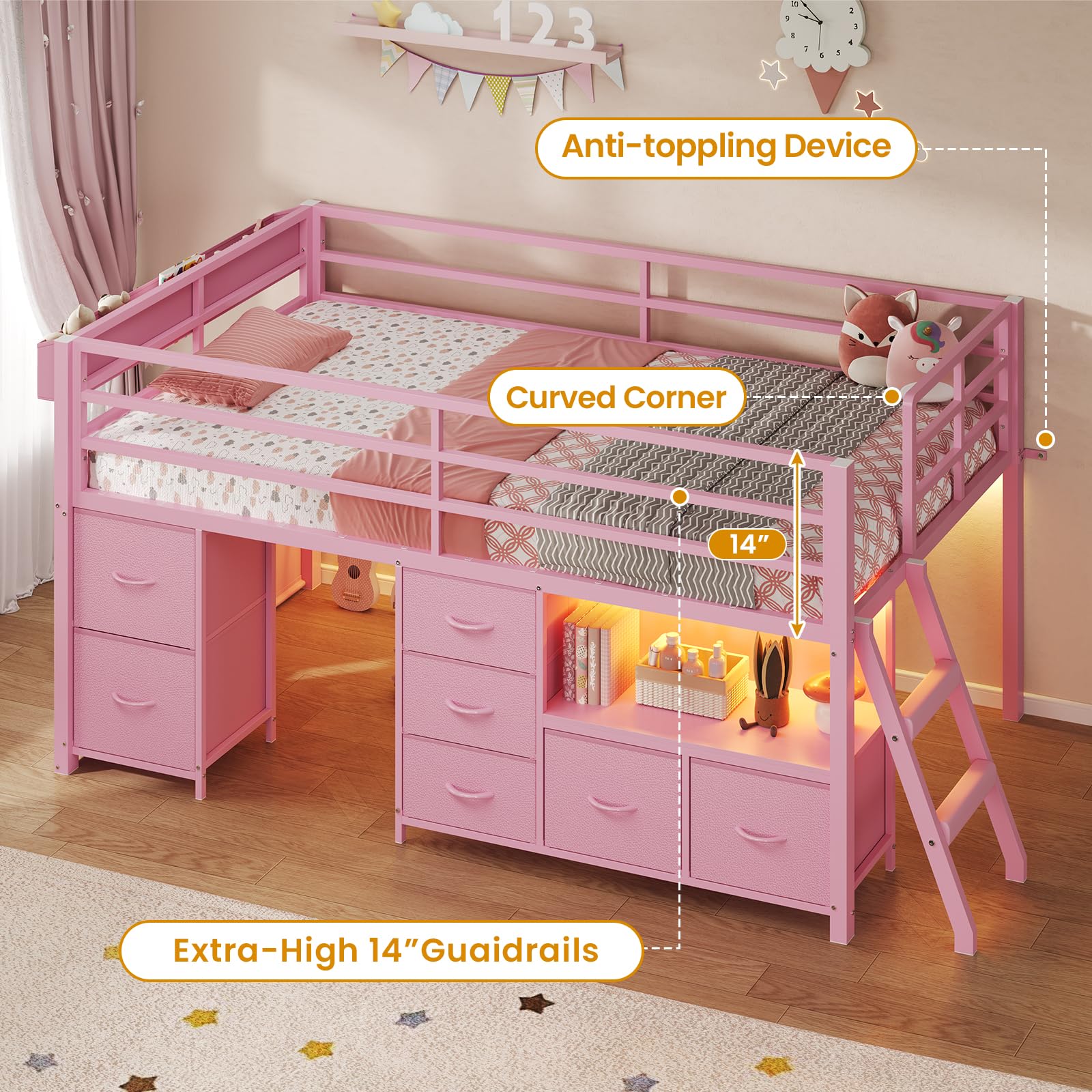 Low Loft Bed Twin Size with Storage Drawers and LED Lights
