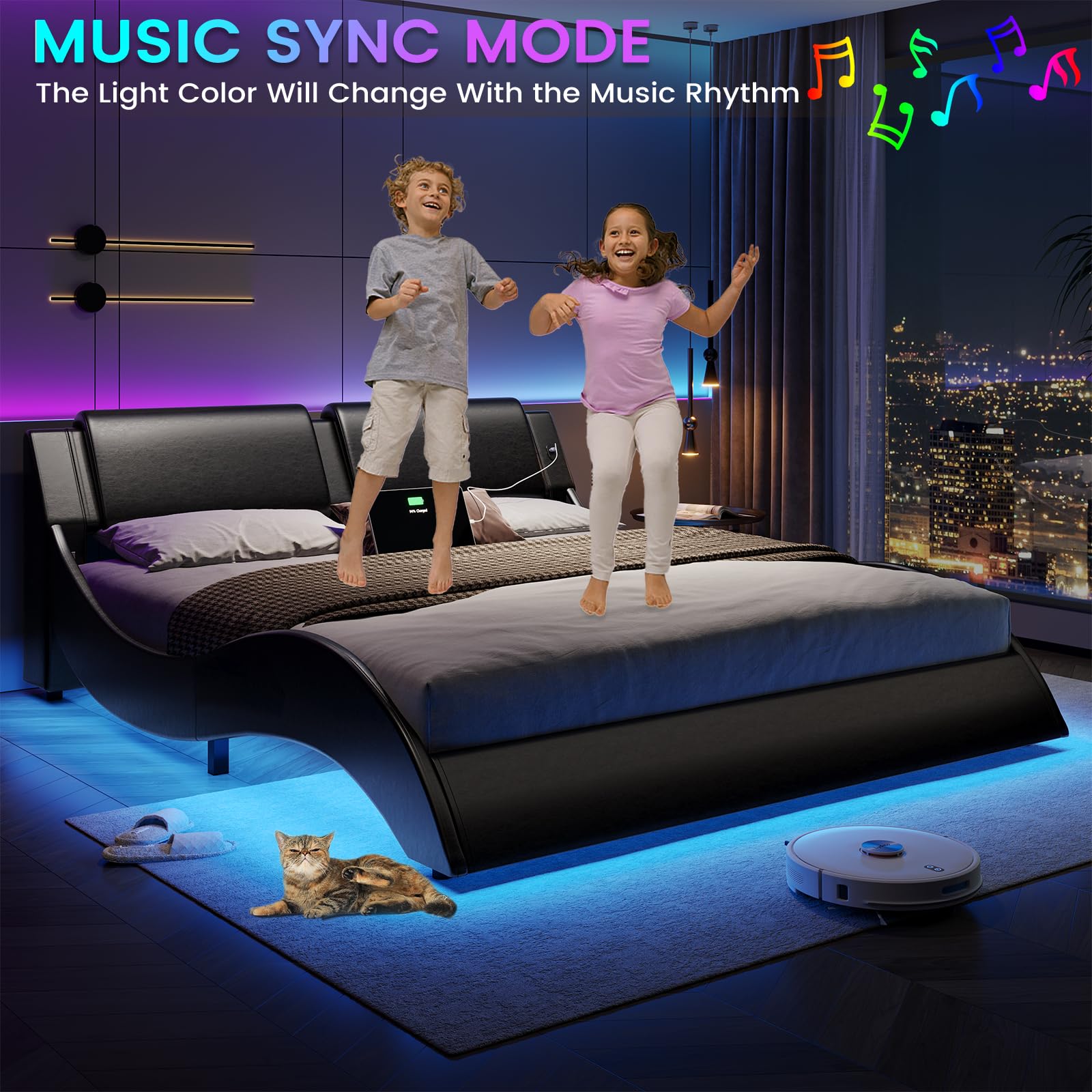 Queen Bed Frame with LED Lights and Charging Ports
