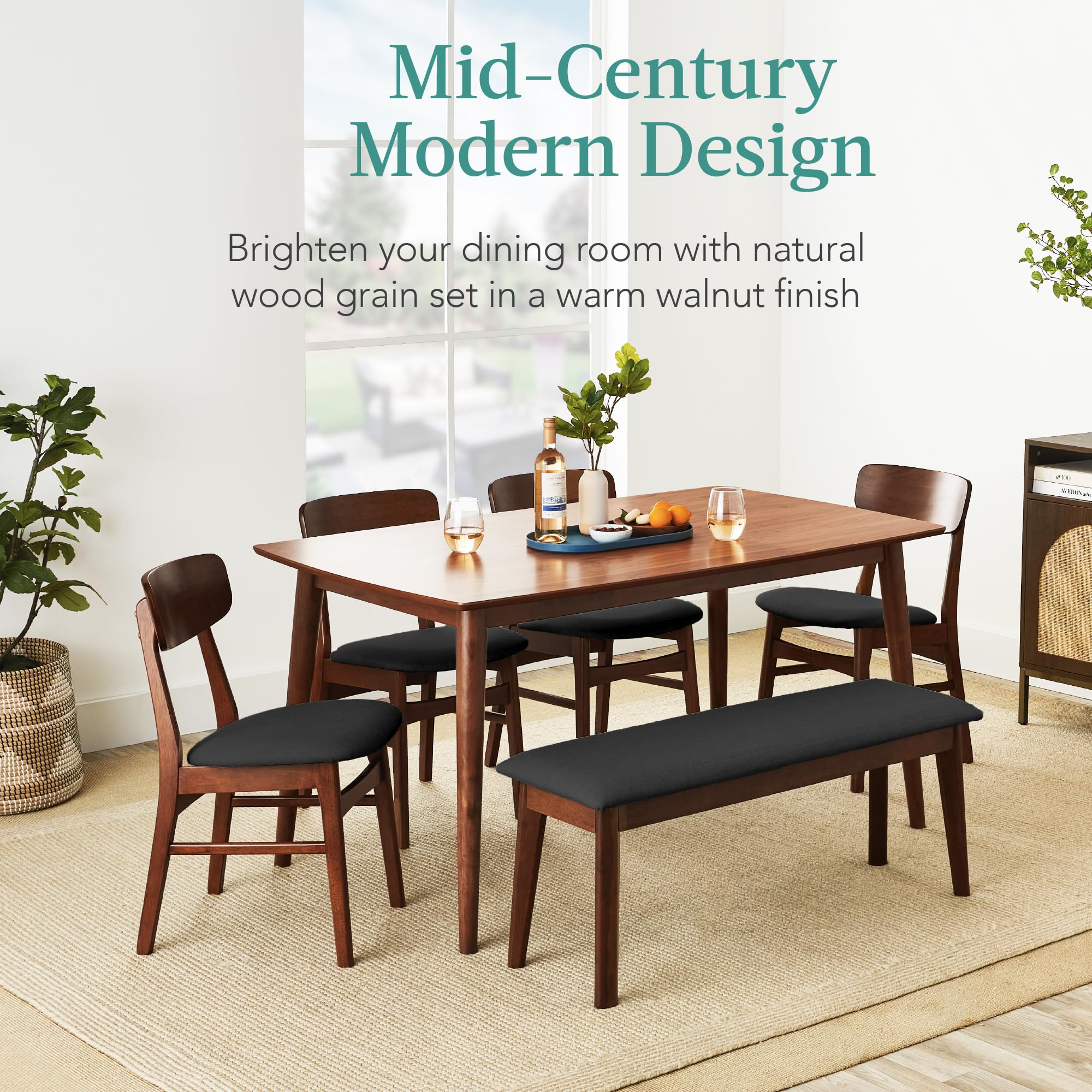 6-Piece Wooden Dining Set with Bench and Upholstered Chairs