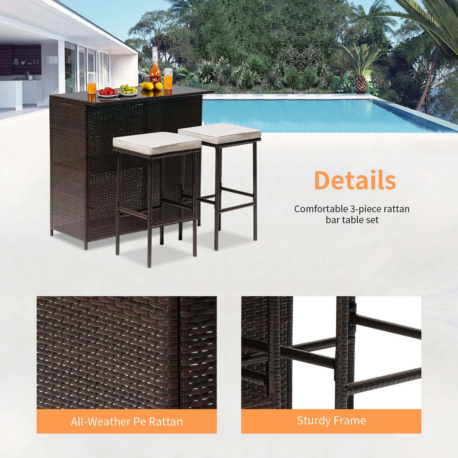 3-Piece Wicker Patio Bar Set with Glass Top Table