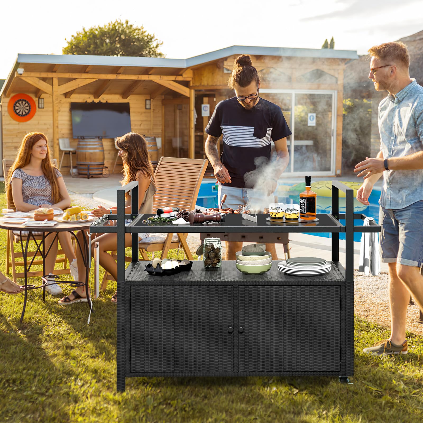 Outdoor Rolling Bar Cart with Tempered Glass Top