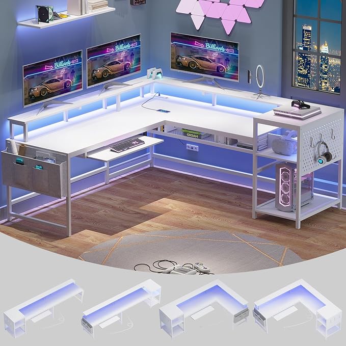 L-Shaped Gaming Desk with Power Outlets and LED Strip