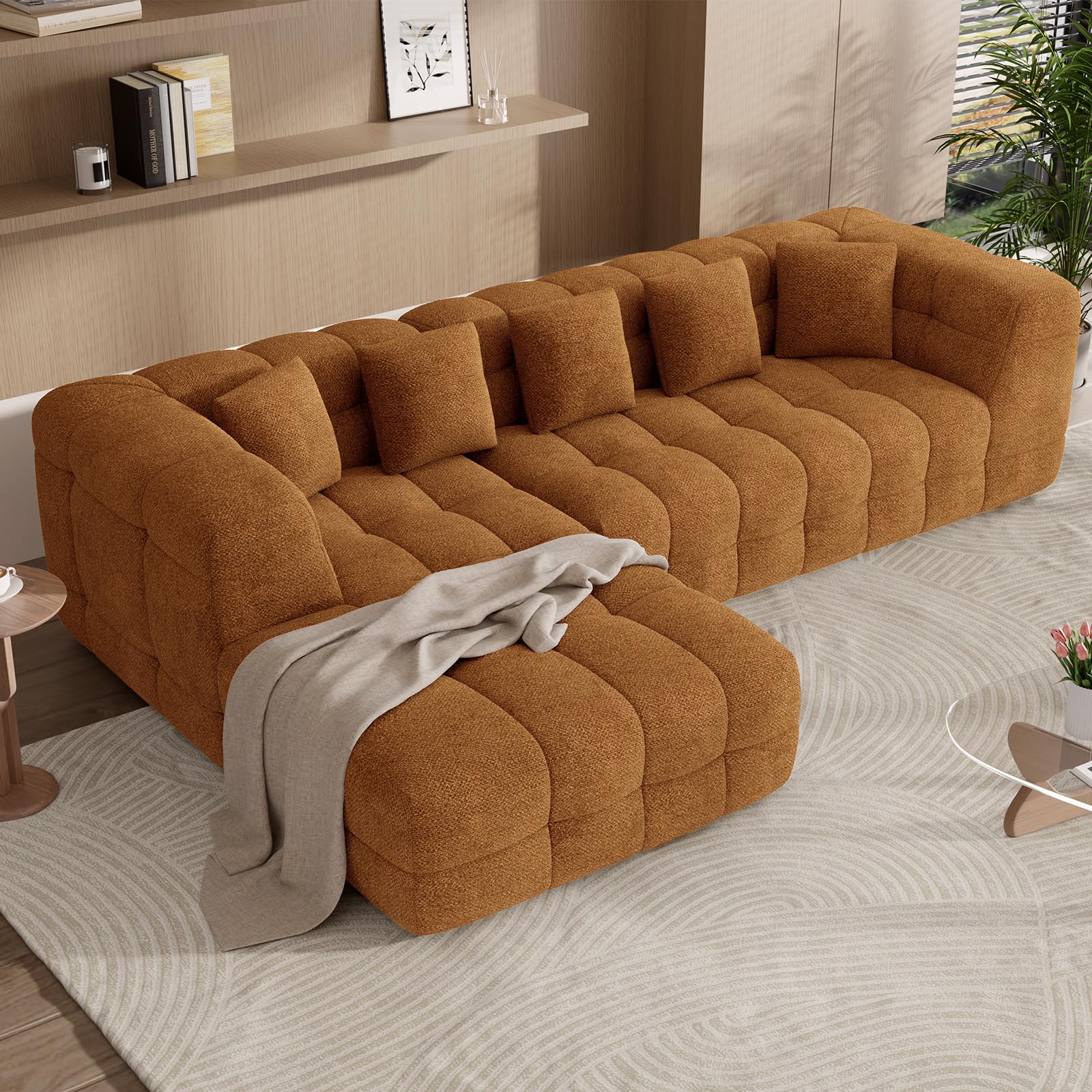 Daluvenix 107" Boneless Couch with L - Shaped Chaise, Modern Chenille Modular Sectional Sofa with Tufted Design, Comfy Upholstered Sofa, No - Assembly Sectional Couch, Orange-Brown