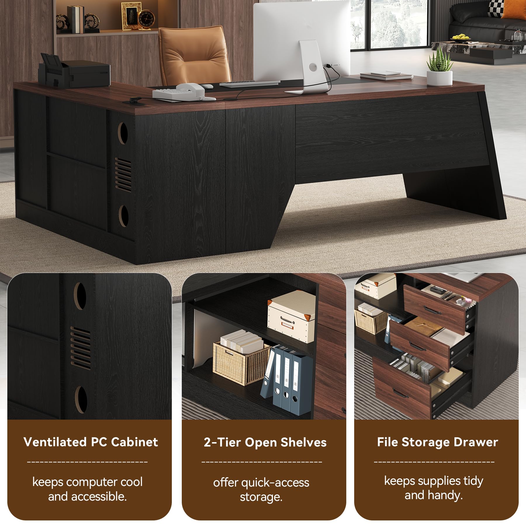 L-Shaped Executive Desk with Drawer and Power Outlet