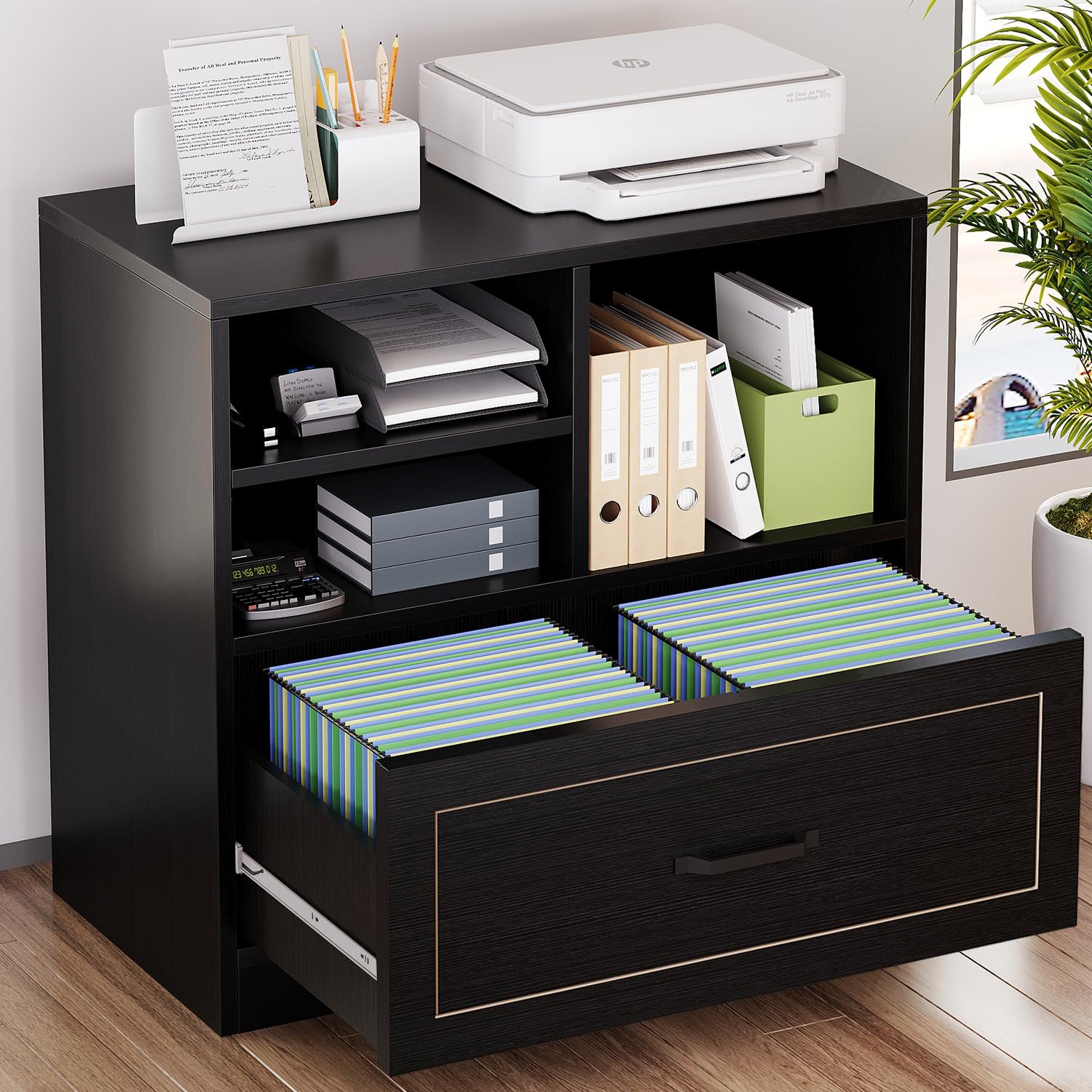 Lateral Filing Cabinet with Drawer and Storage Shelves