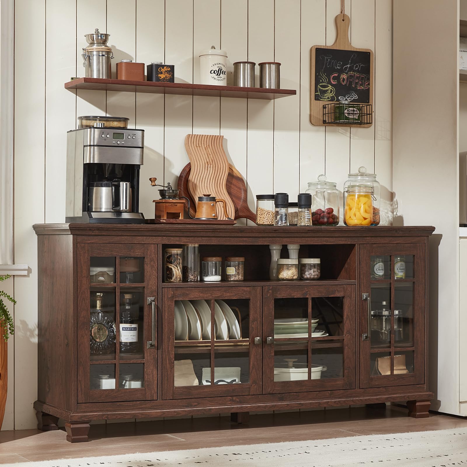 Vintage Walnut Sideboard Buffet Cabinet with Glass Doors