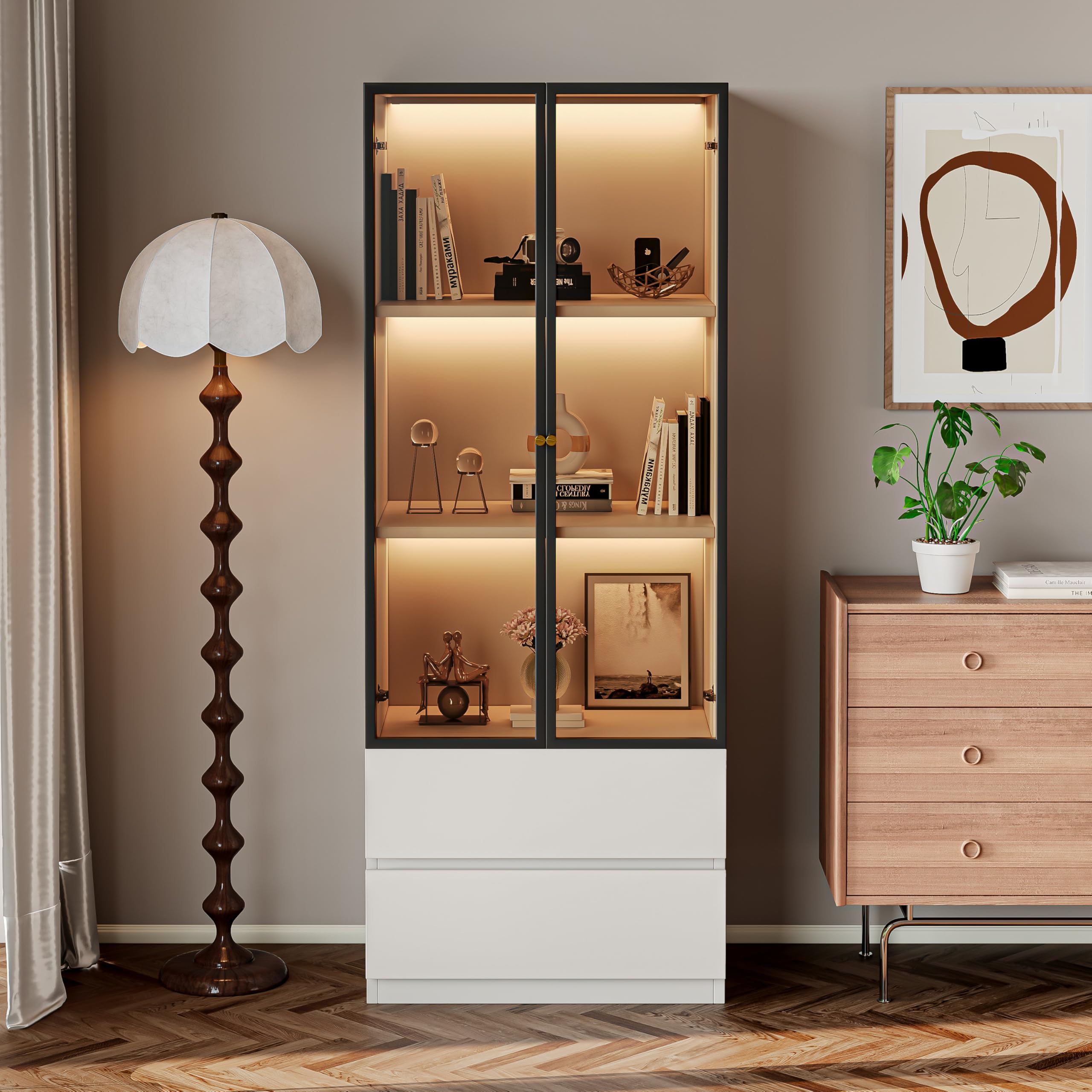 Modern White Lighted Glass Display Cabinet with Two Drawers