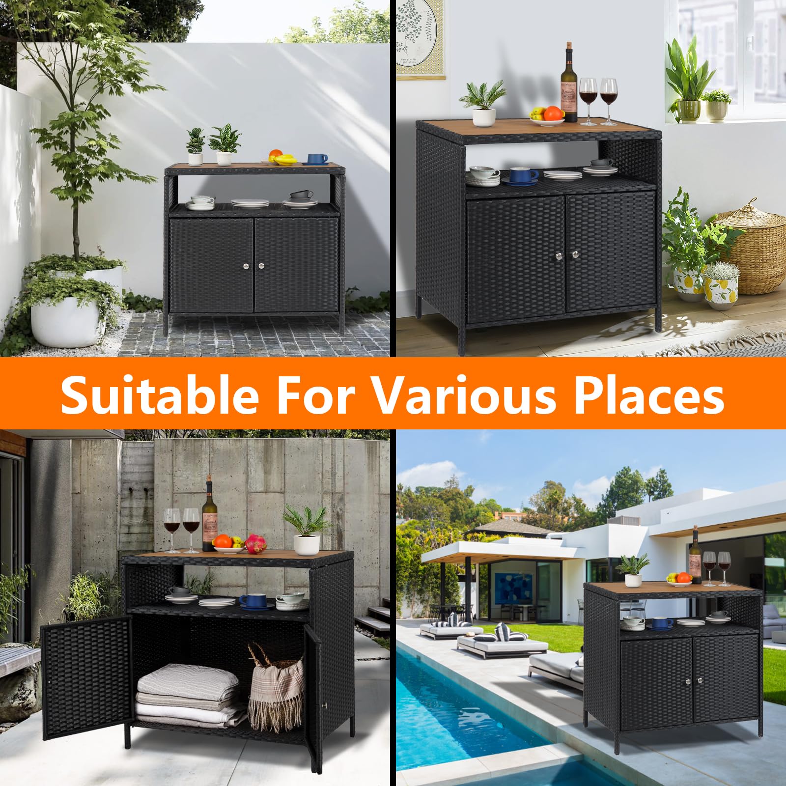Patio Outdoor Wicker Storage Cabinet with Shelf