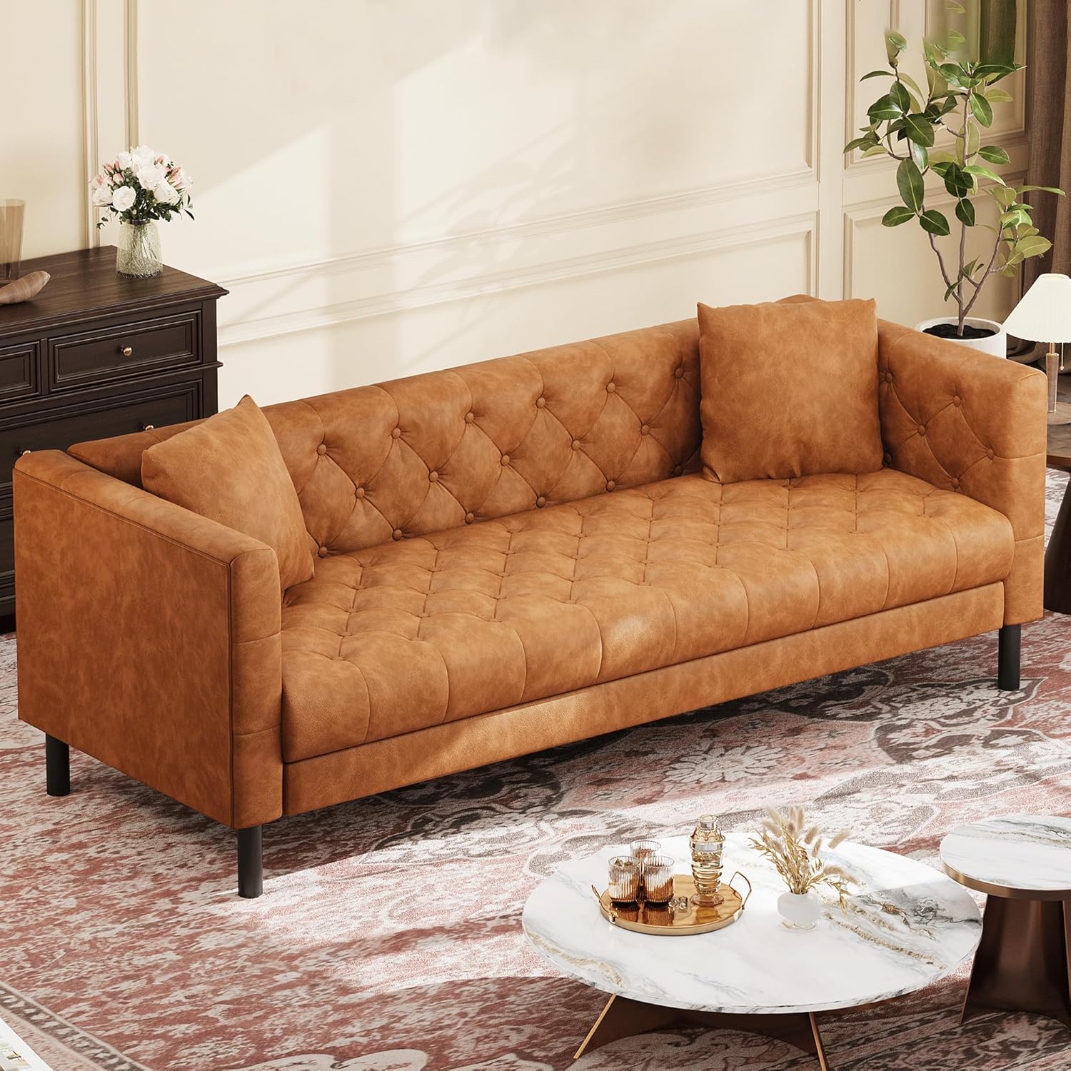 Chesterfield Faux Leather Sofa 3-Seater with Deep Seat