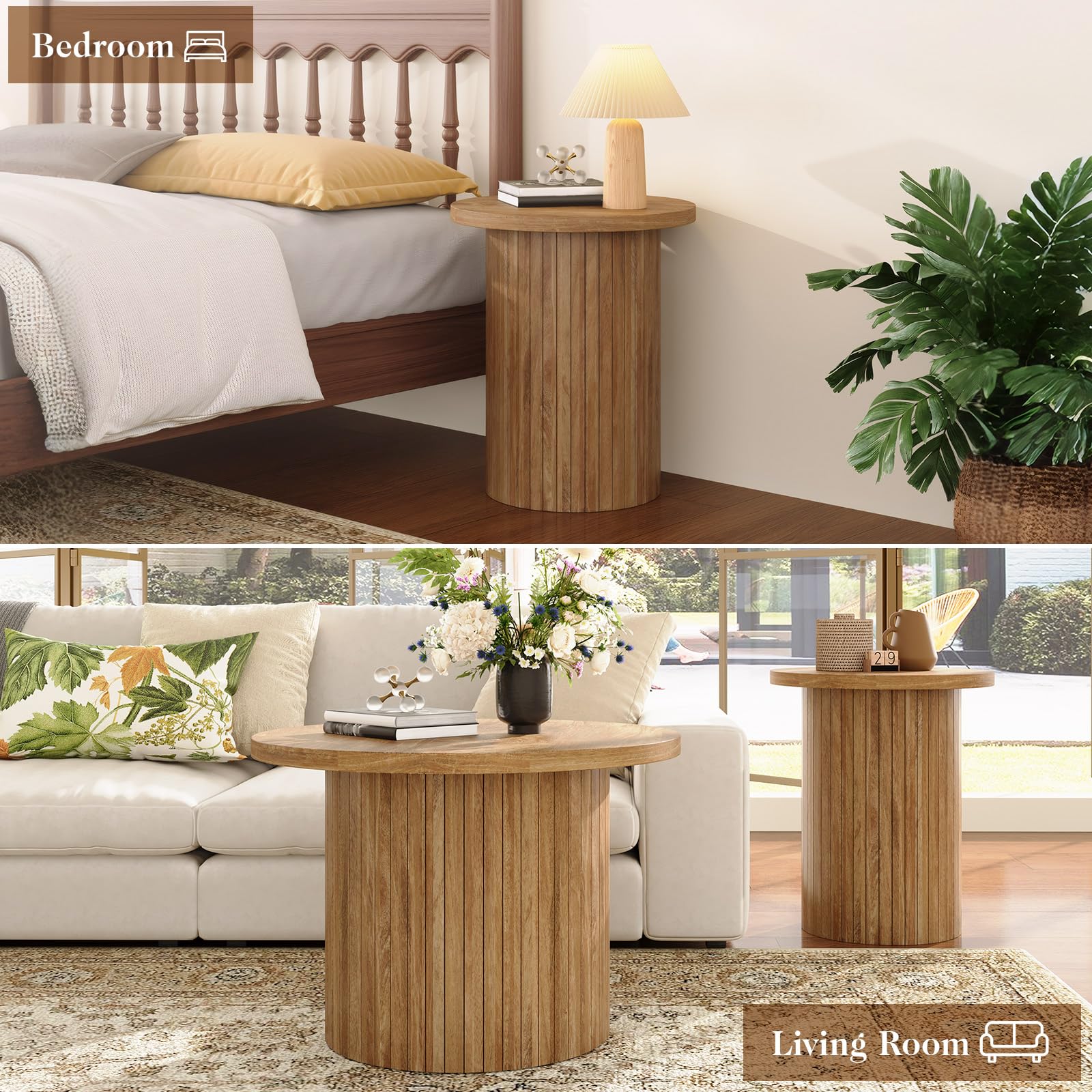 Nesting Coffee Table Set of 2 Mid Century Modern Round Wood Slat Side Tables