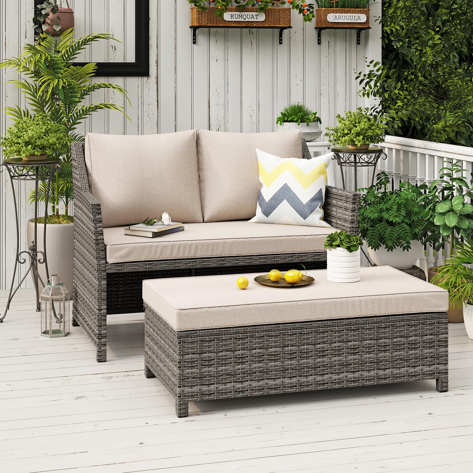 2-Piece Outdoor Patio Wicker Loveseat and Coffee Table Set with Storage