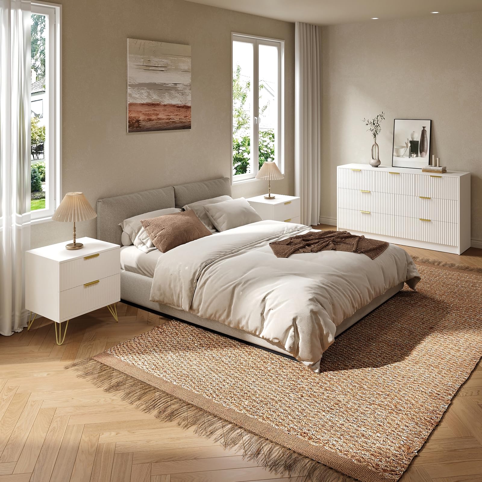 7 Drawer Dresser and Nightstand Set - White with Gold Handles