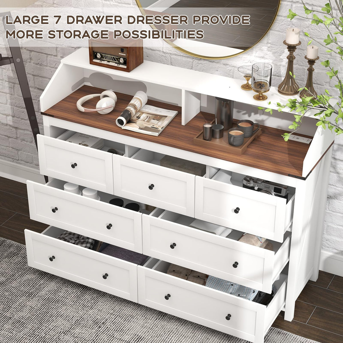 7 Drawer Dresser with LED Lights and Charging Station