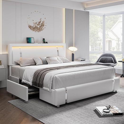 King Size LED Platform Bed Frame with Storage Drawers