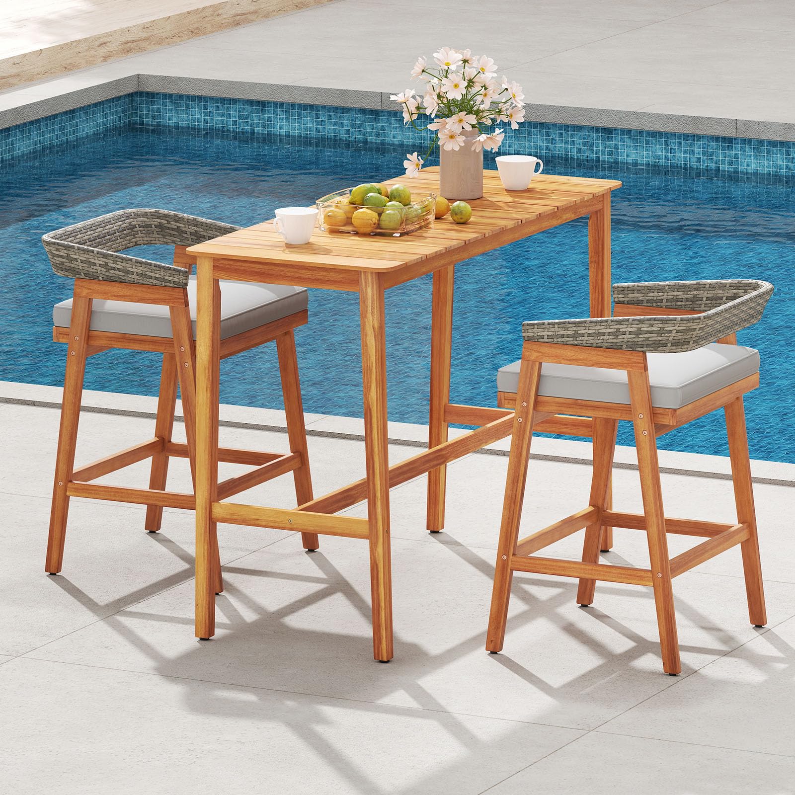 3 Piece Outdoor Bar Set with Acacia Wood Table and Cushioned Barstools