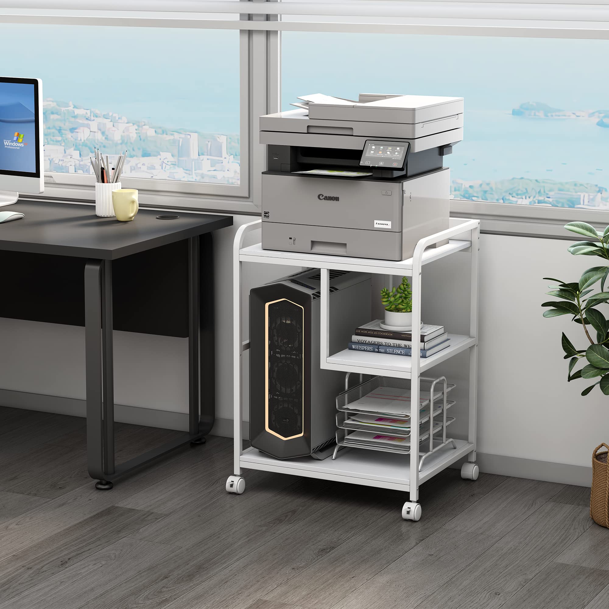 3-Tier Rolling Printer Stand with Storage Shelf and Wheels