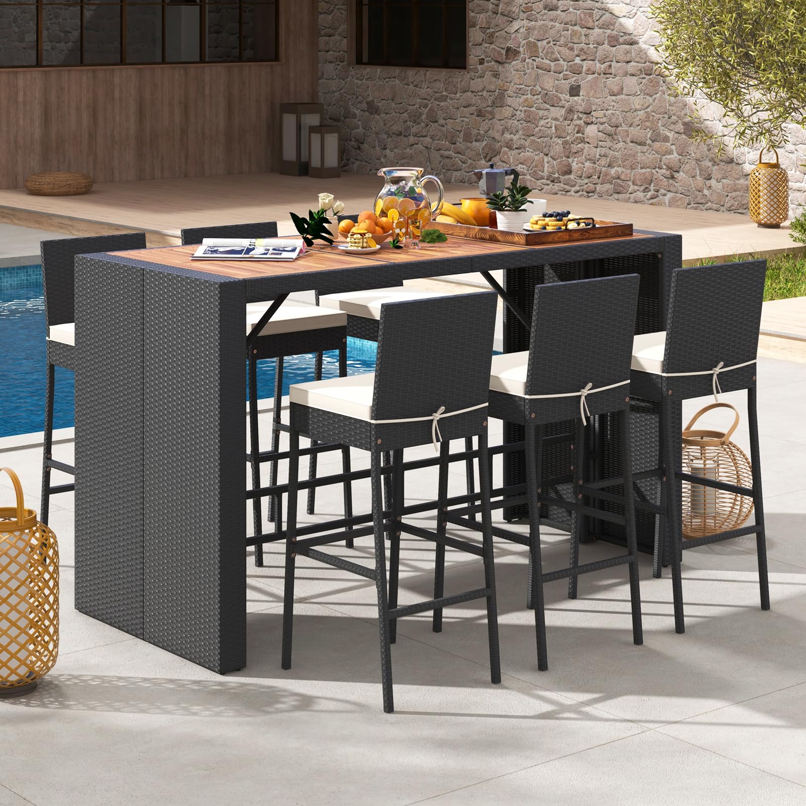 7-Piece Outdoor Bar Set with Acacia Wood Table and Wicker Stools