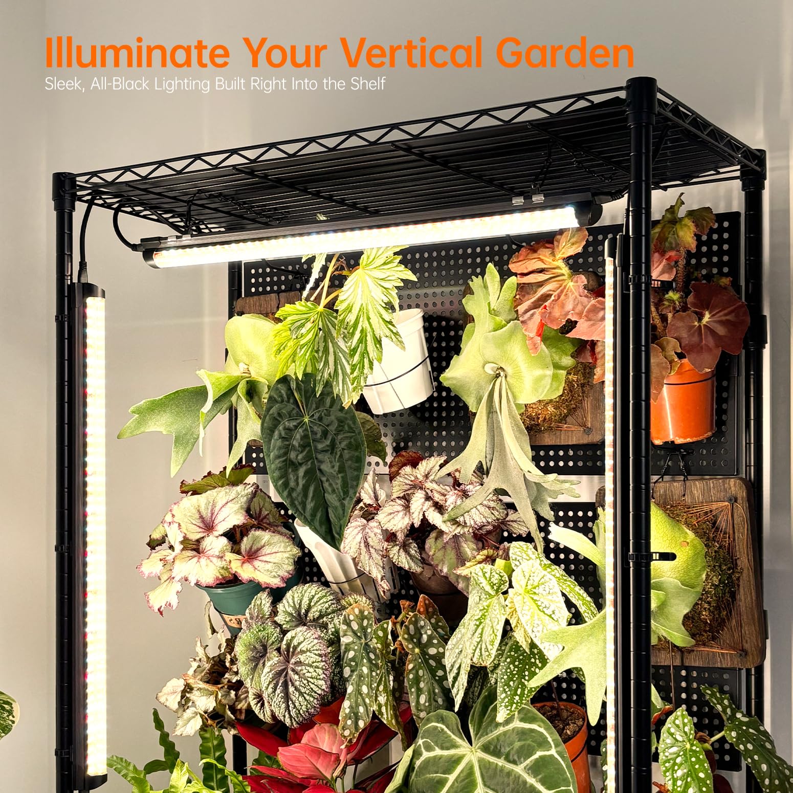 3-Tier Plant Shelf with Grow Lights and Pegboard