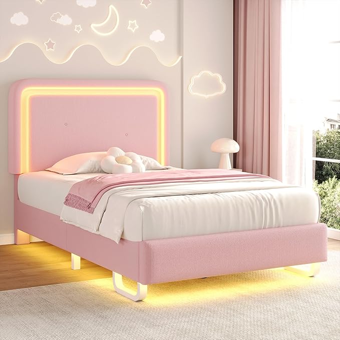 Twin Upholstered Bed Frame with LED Lights and Adjustable Headboard